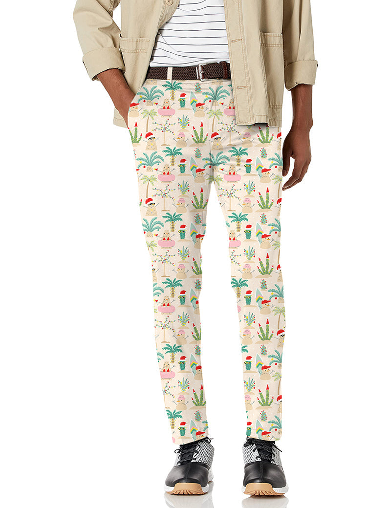 Men's Christmas desert stretch golf pants with holiday cactus print and moisture-wicking fabric