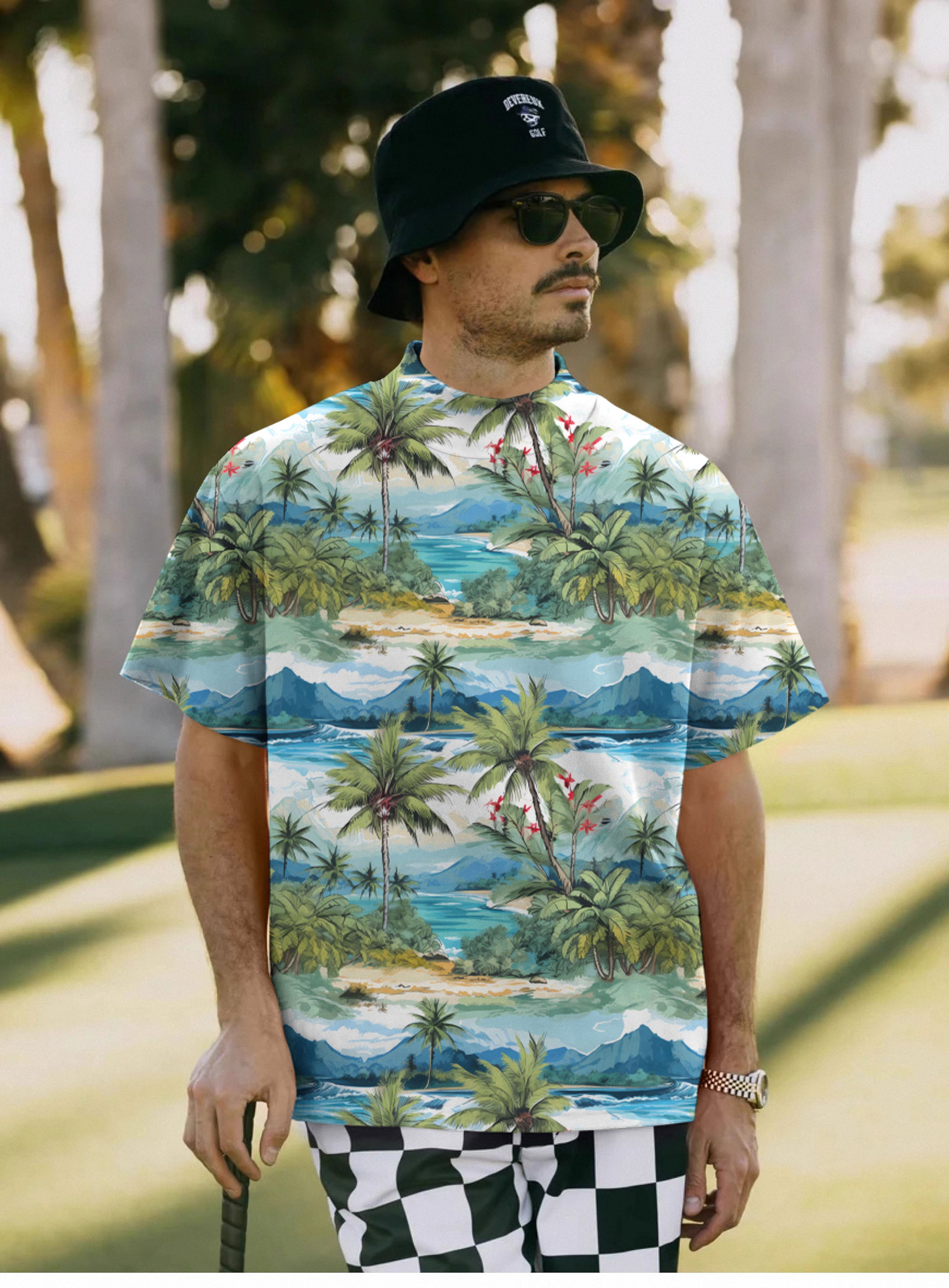Men's Hawaii palm tree Pullover High neck Long/Short sleeve T-Shirt