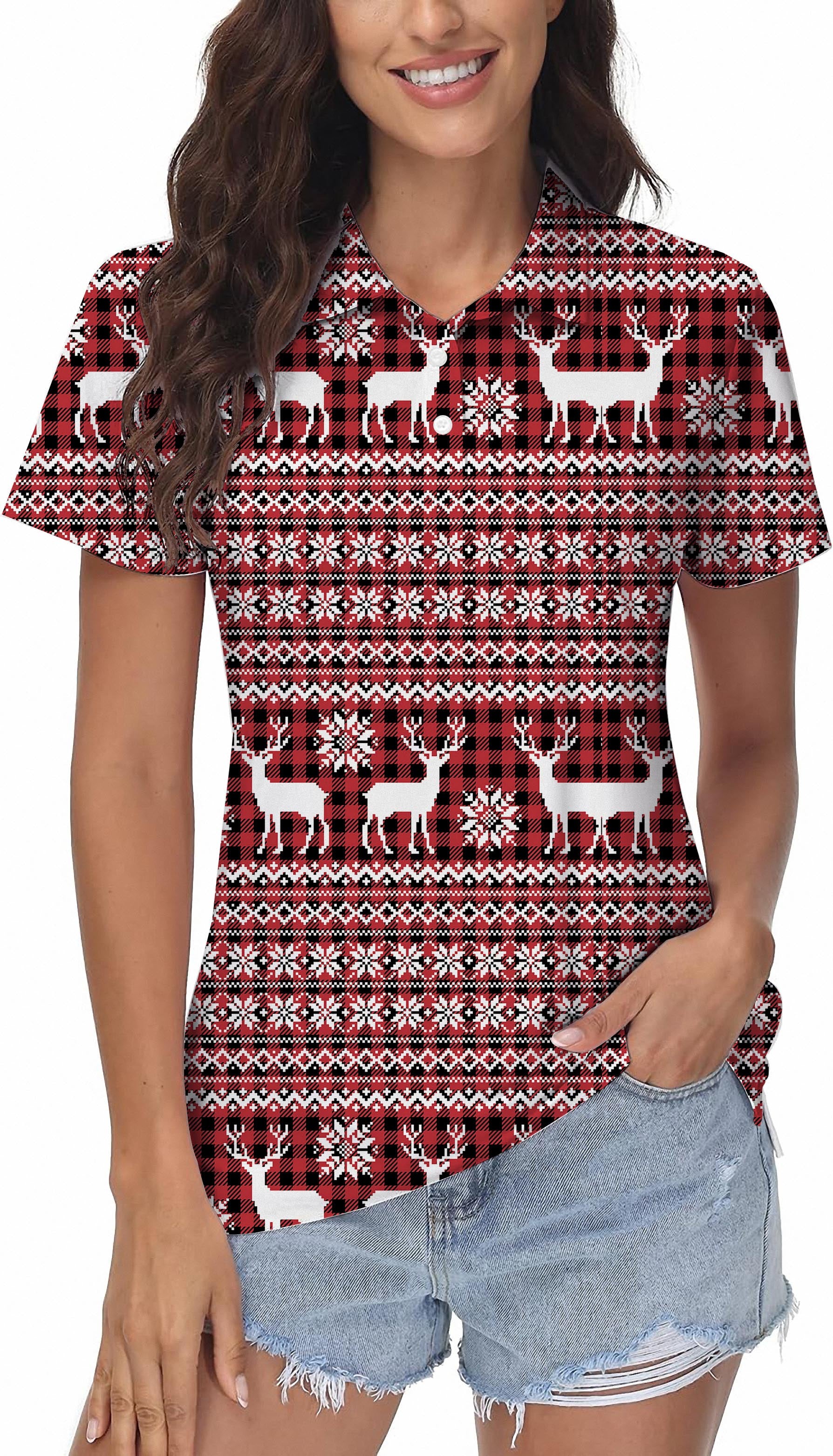 Red Elk deer Christmas Women's Golf Polo