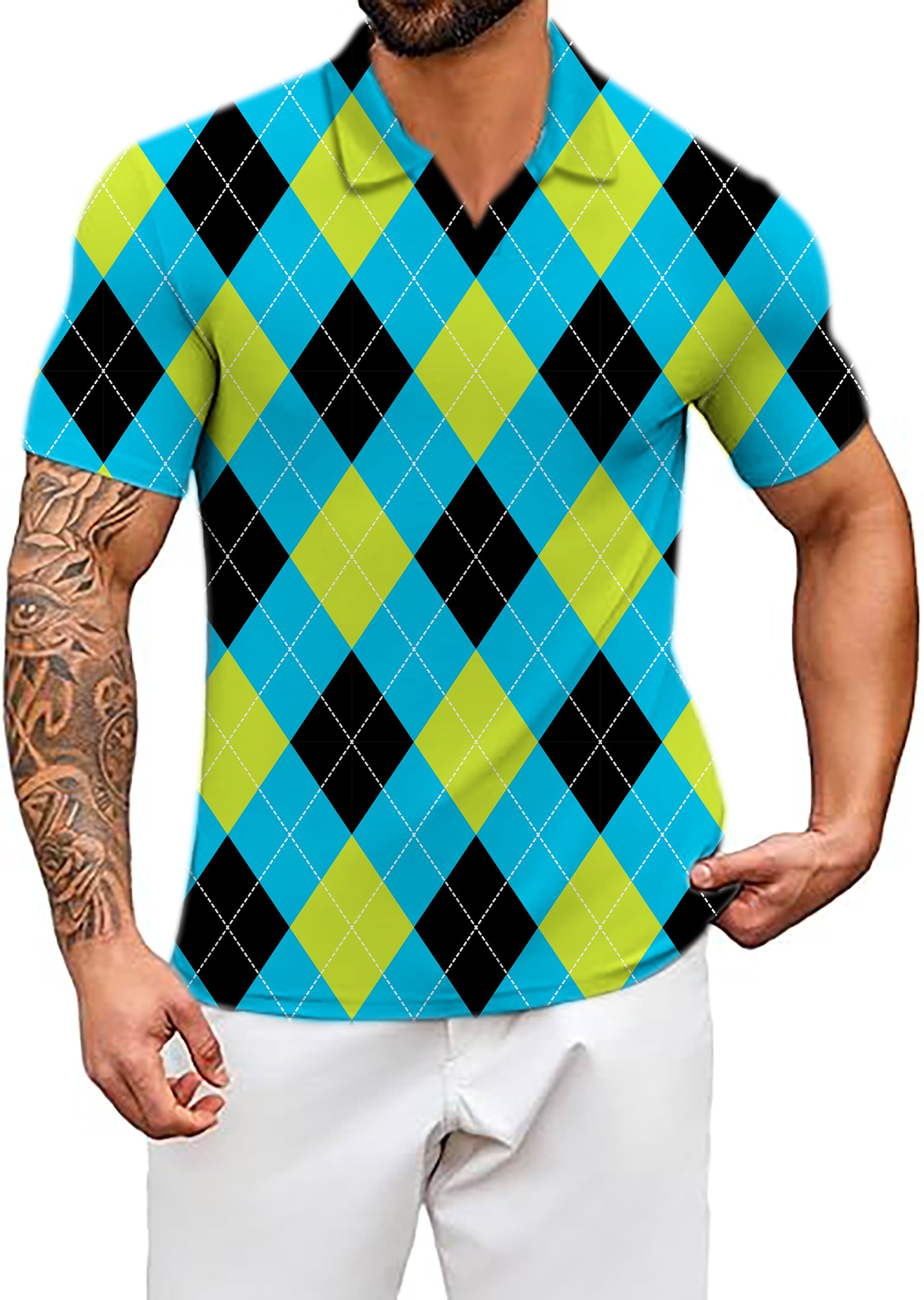 Men's Coconut Palm Halloween  Black Green Blue White Argyle V Neck Golf Polo Shirts
