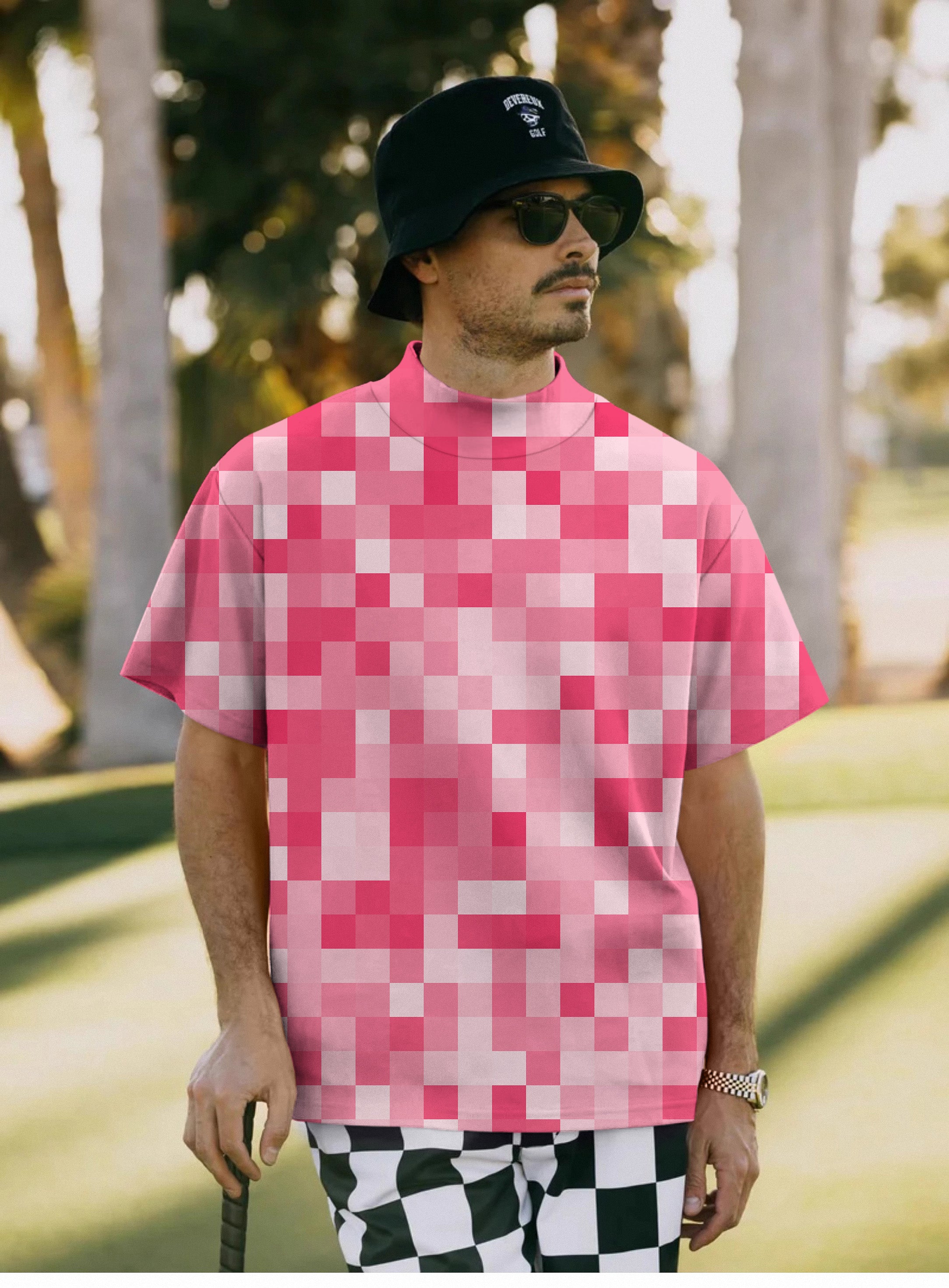 Men's Light Red Pixel Big Pullover High neck Long/Short sleeve T-Shirt