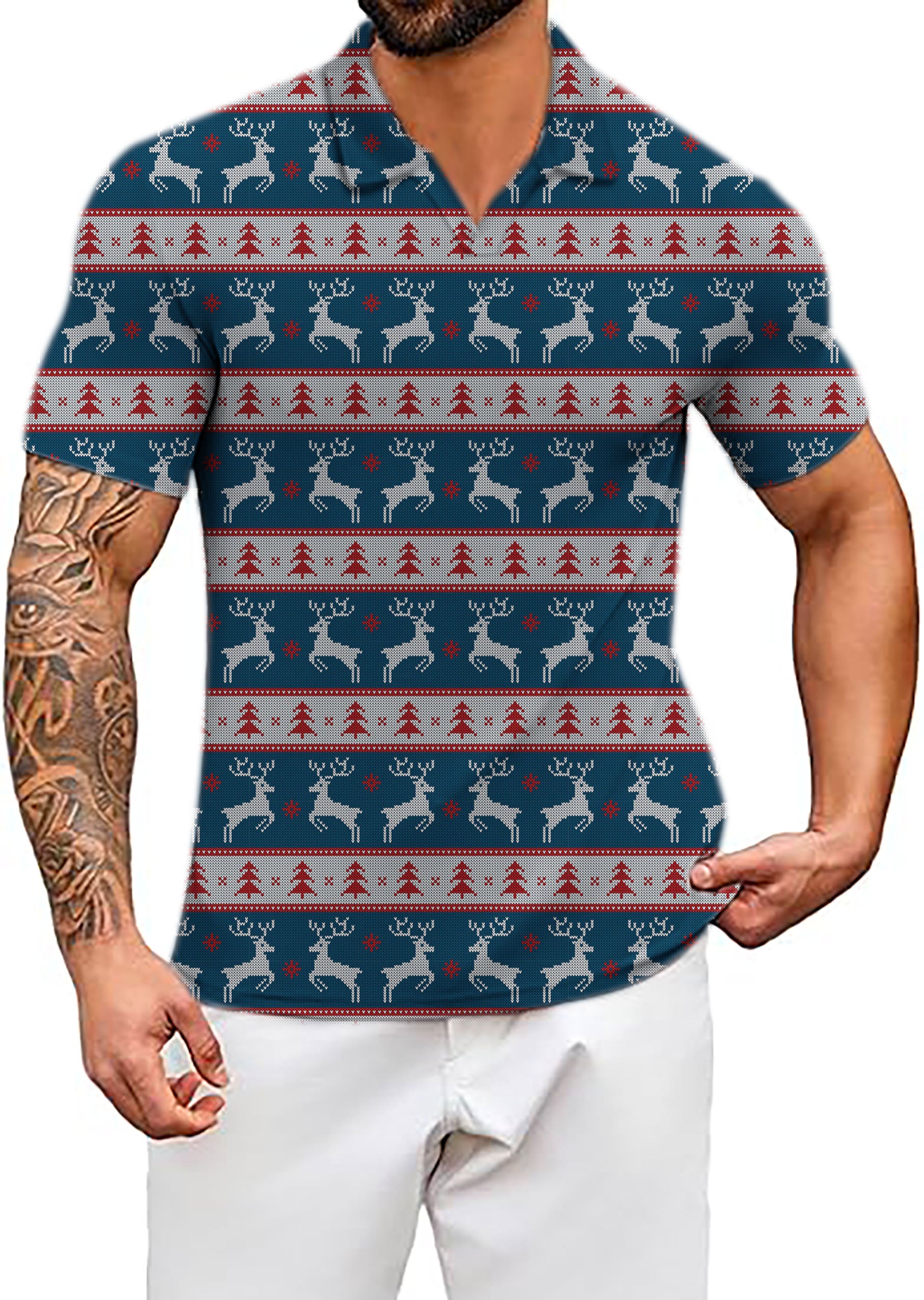 Men's Christmas Sweater V Neck Golf Polo Shirts