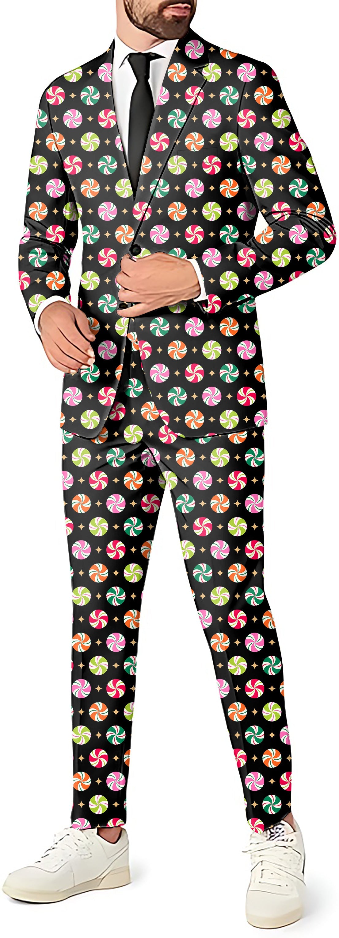 Christmas candy men's party costume suit with blazer and pants featuring colorful candy print