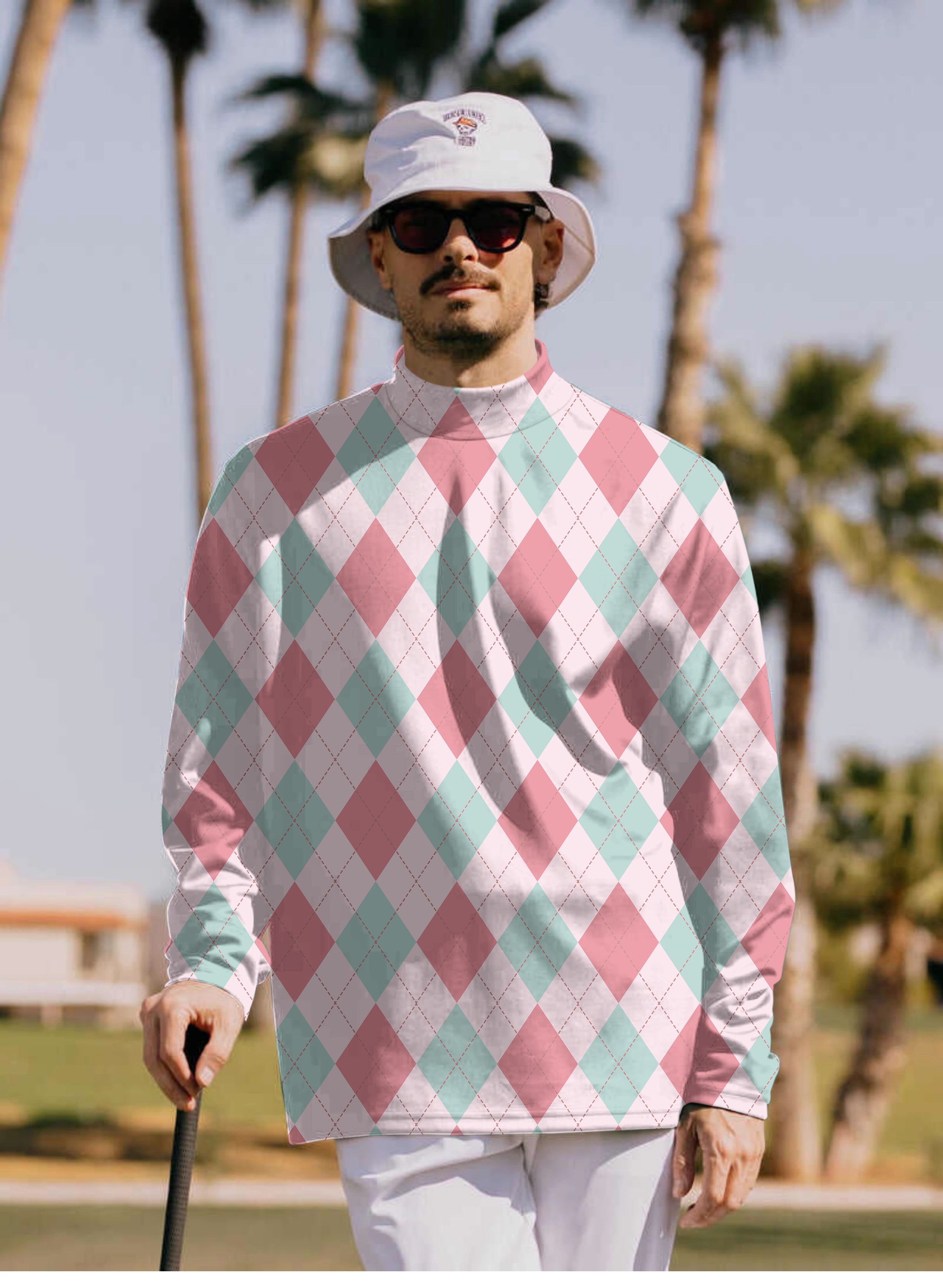 Men's pink Argyle Pullover High neck Long/Short sleeve T-Shirt