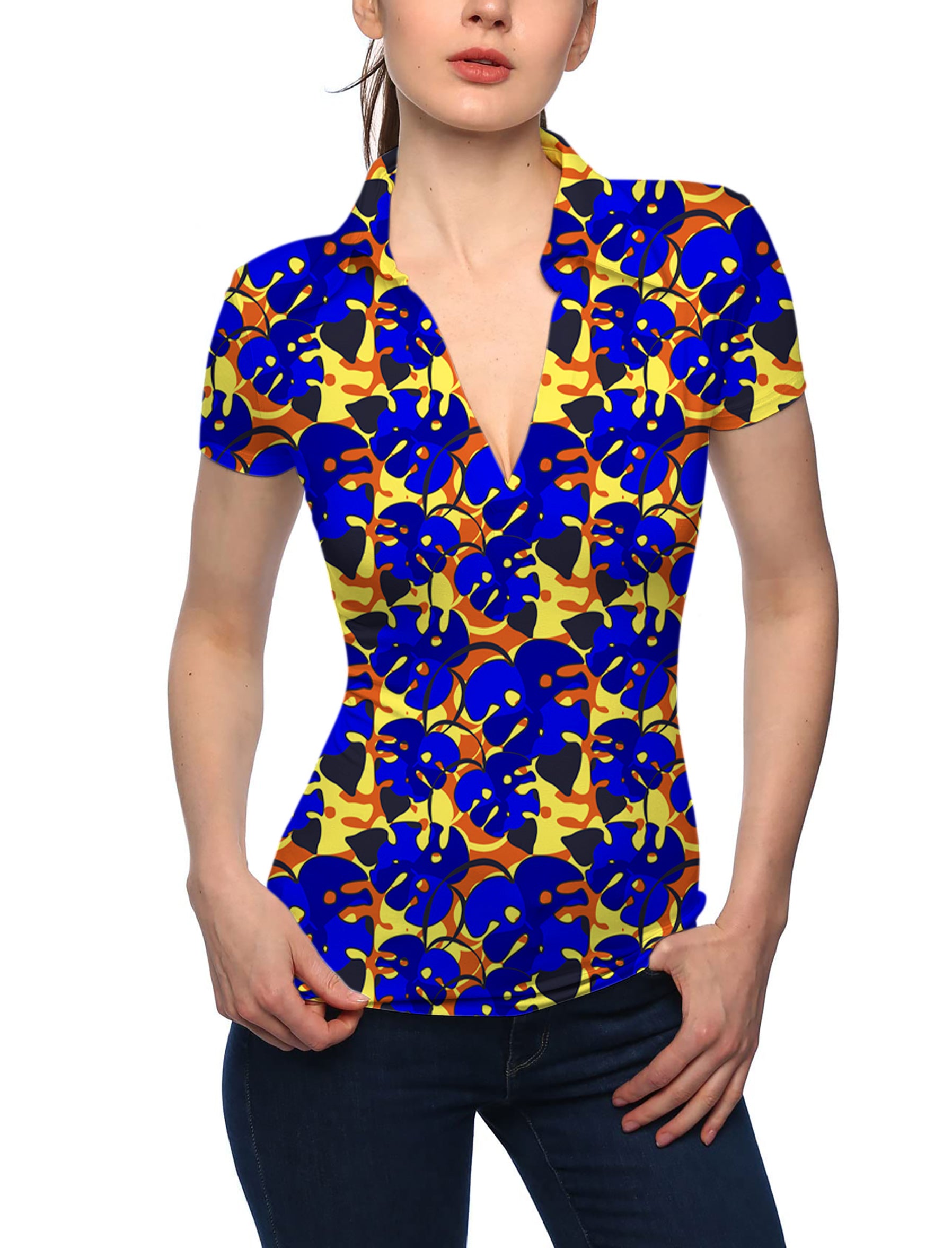 Women's tropical leaves and plants V Neck Golf Polo