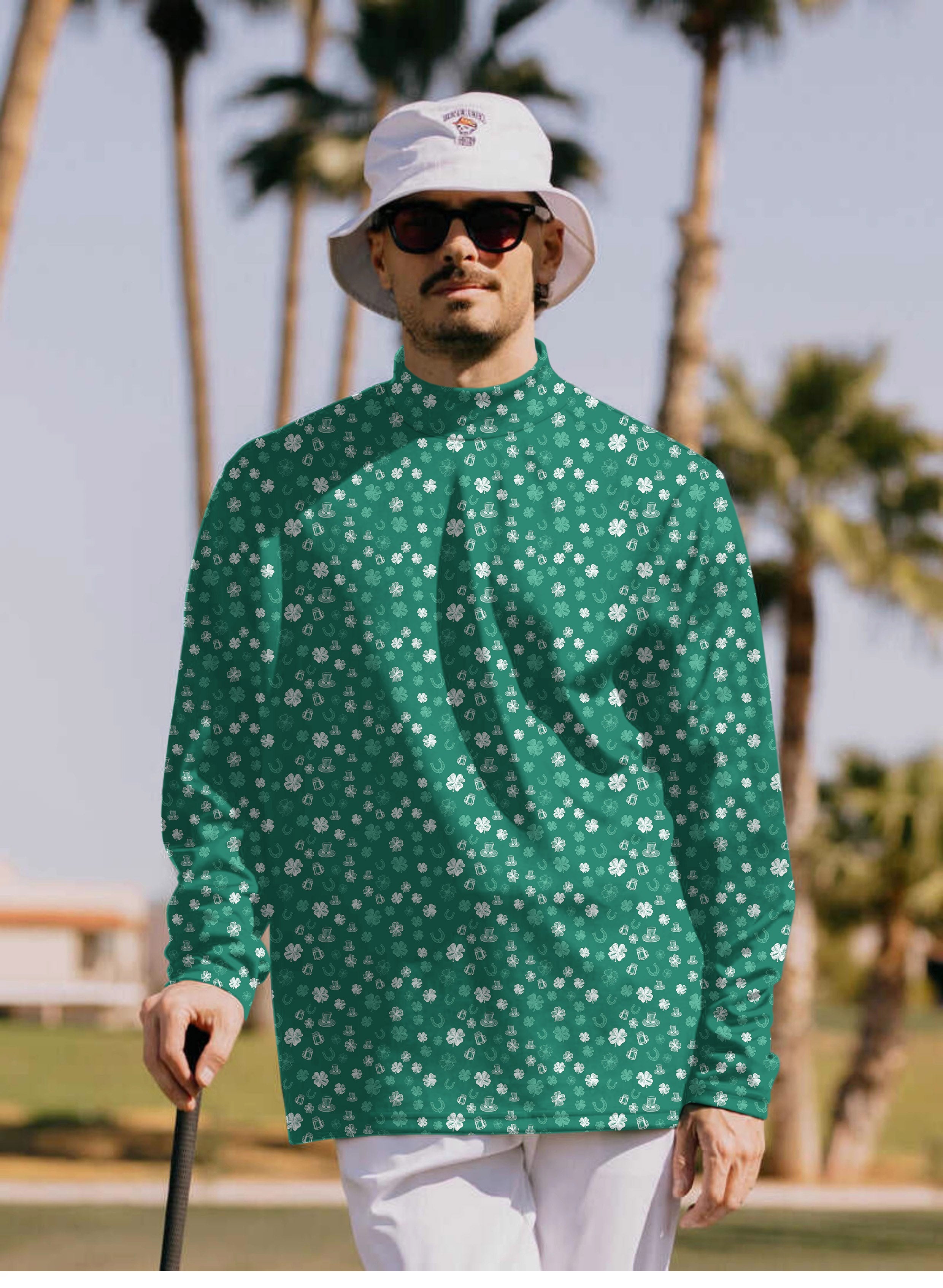 Men's Green beer clover leaf St. Patrick's Day Pullover High neck Long/Short sleeve T-Shirt