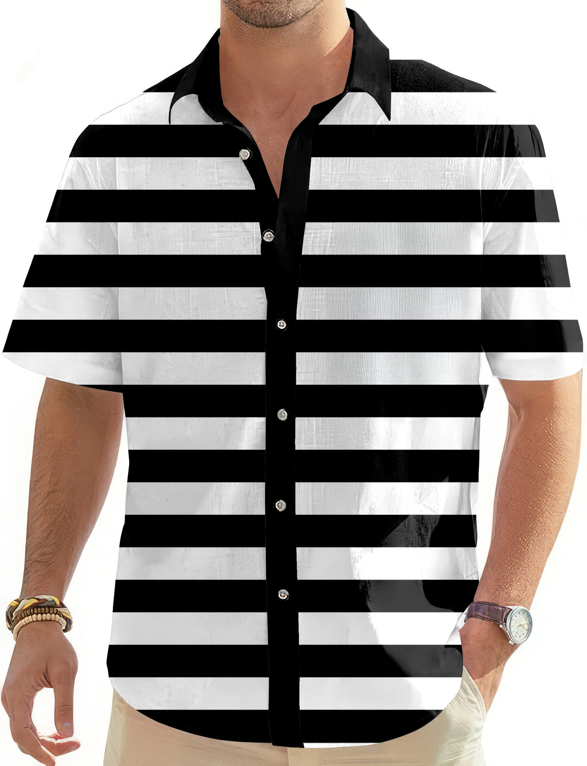 Black and white horizontal stripes Men's Golf Hawaiian Shirts Button Down Shirt