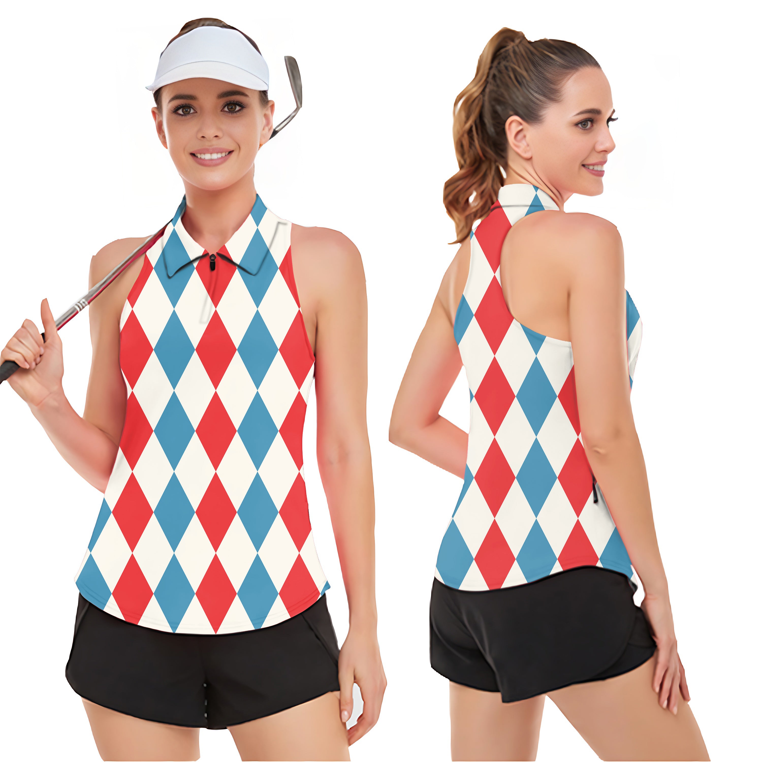Geometric checkerboard Argyle Women’s Sleeveless Golf Tank Top Shirt Polo