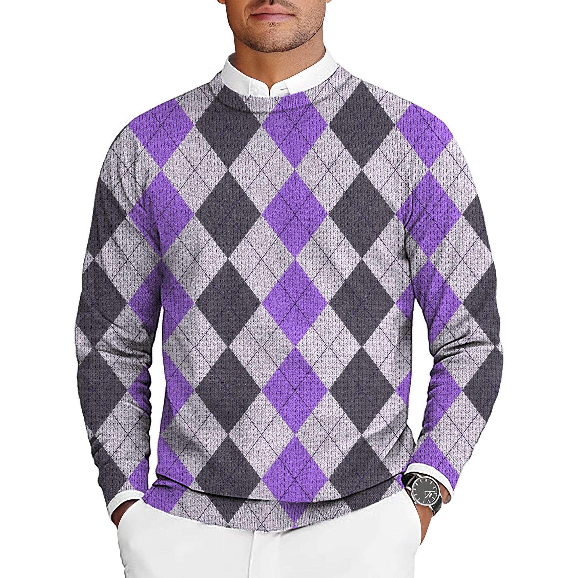 Purple grey Argyle Men's Golf Crewneck Pullover Sweaters Ugly Sweater
