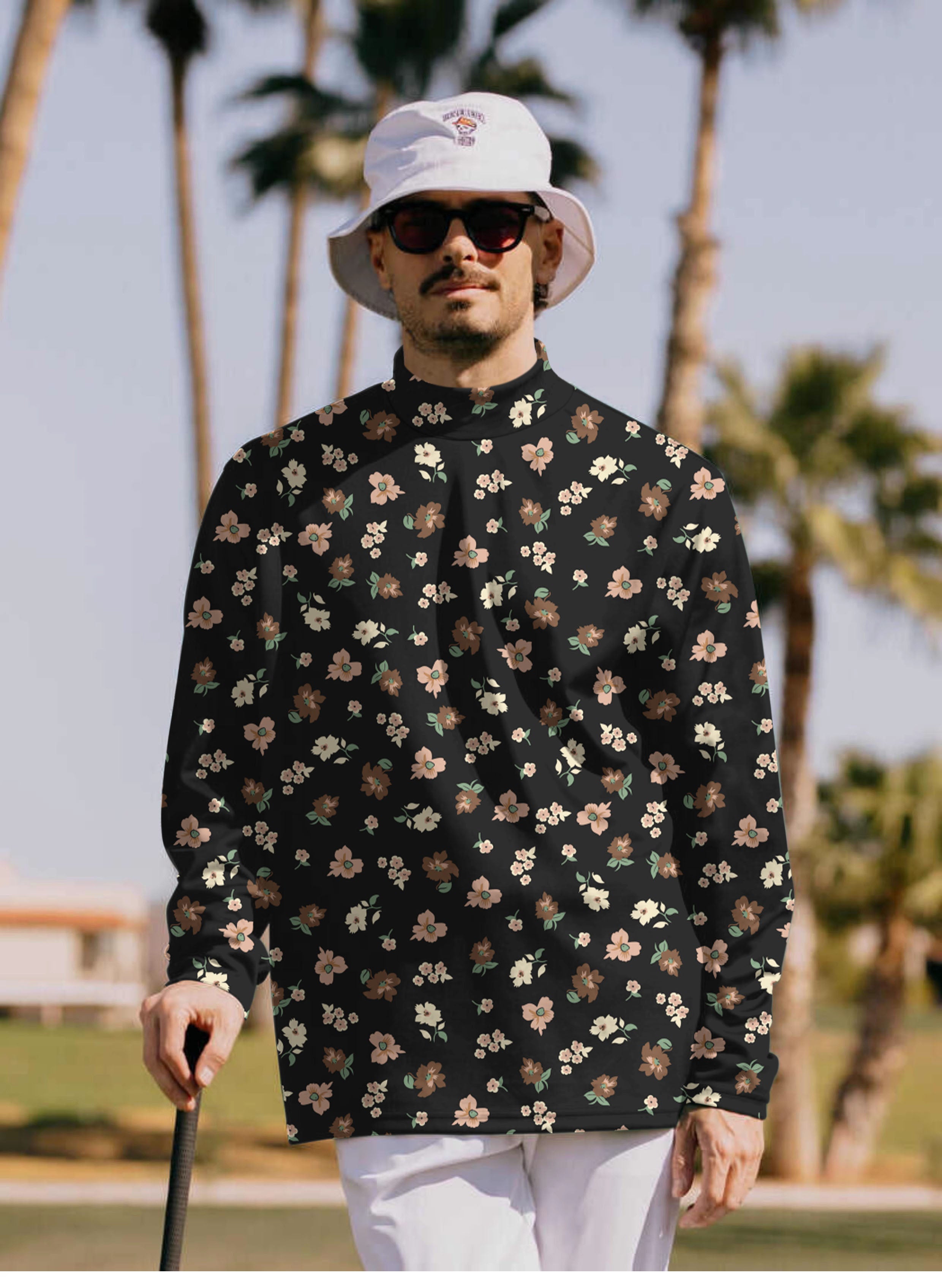 Men's black flower Pullover High neck Long/Short sleeve T-Shirt