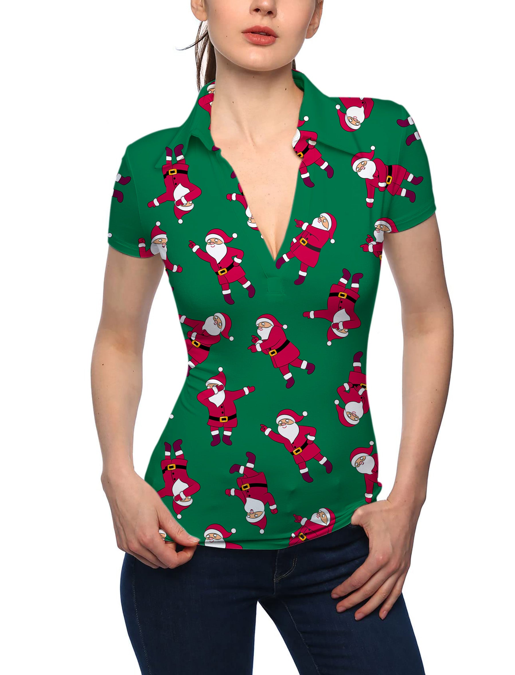 Women's Christmas Santa V Neck Golf Polo