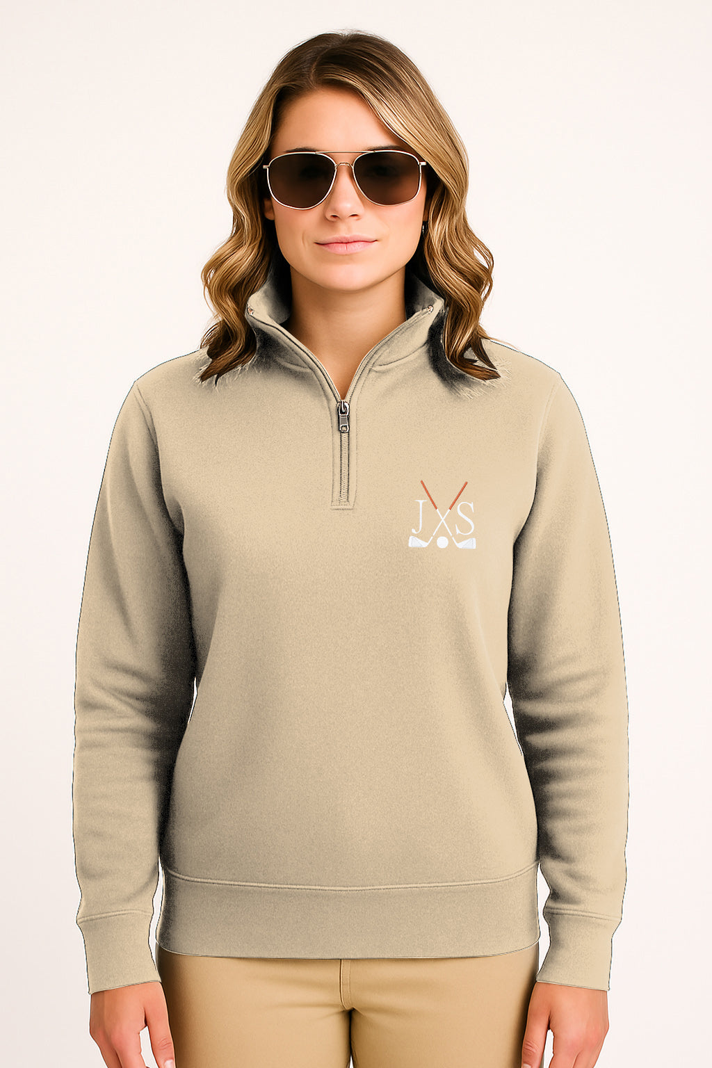 Plus size khaki high neck hoodie with golf club embroidery and initials in solid color design