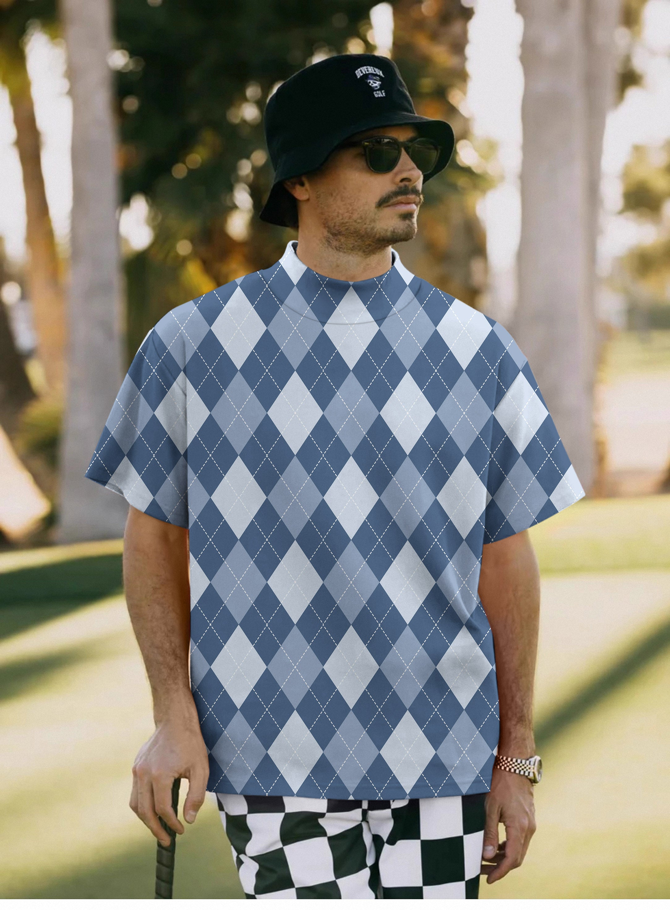 Men's blue Argyle Pullover High neck Long/Short sleeve T-Shirt