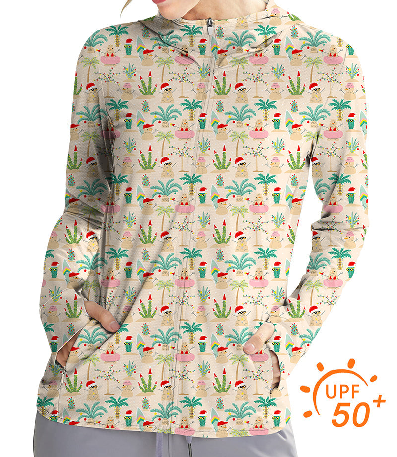 Women's outdoor Christmas desert golf sun protection slim fit zip hoodie with festive cactus print and UPF 50+ fabric