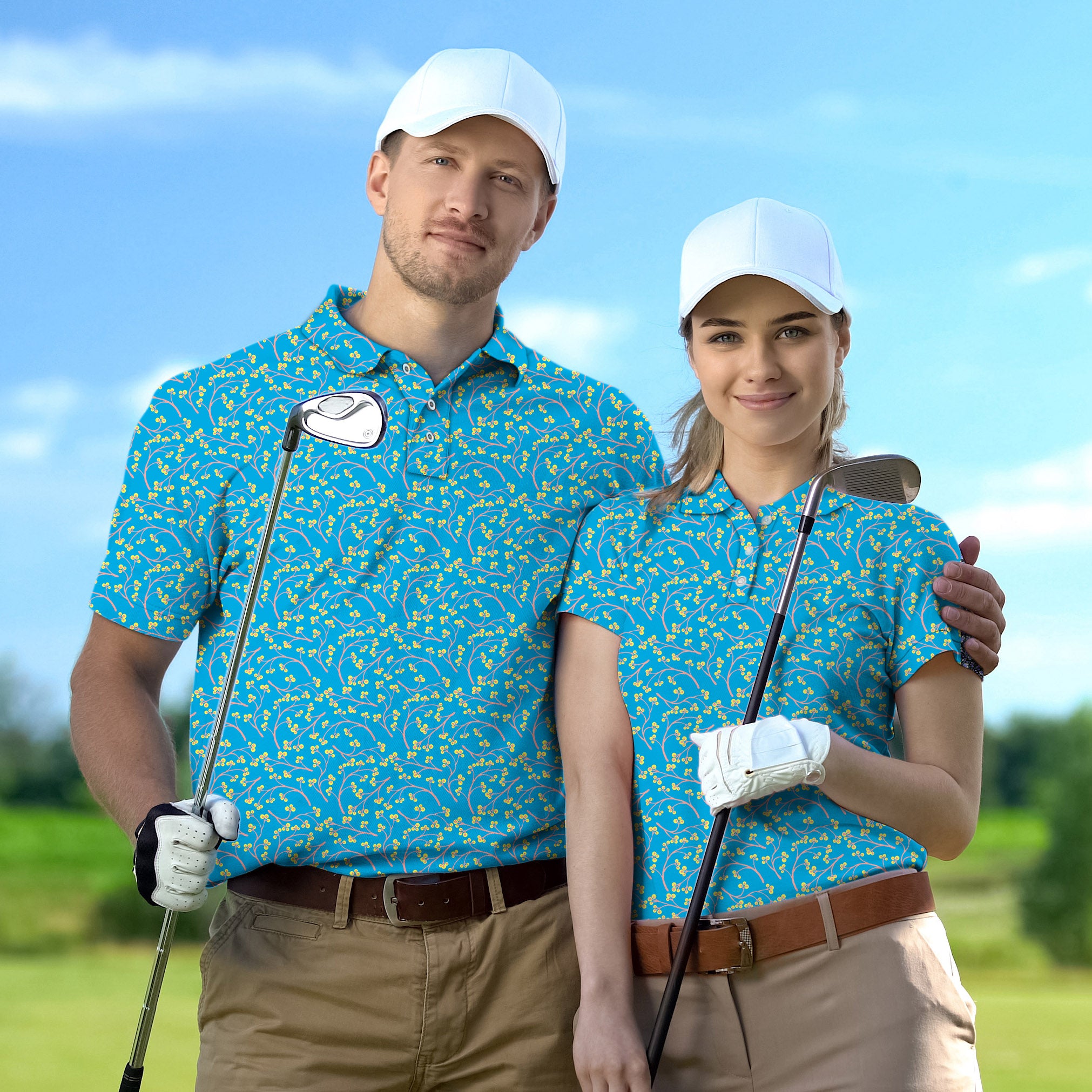 Golf Polo Couple Family set Blue Flowers tournament