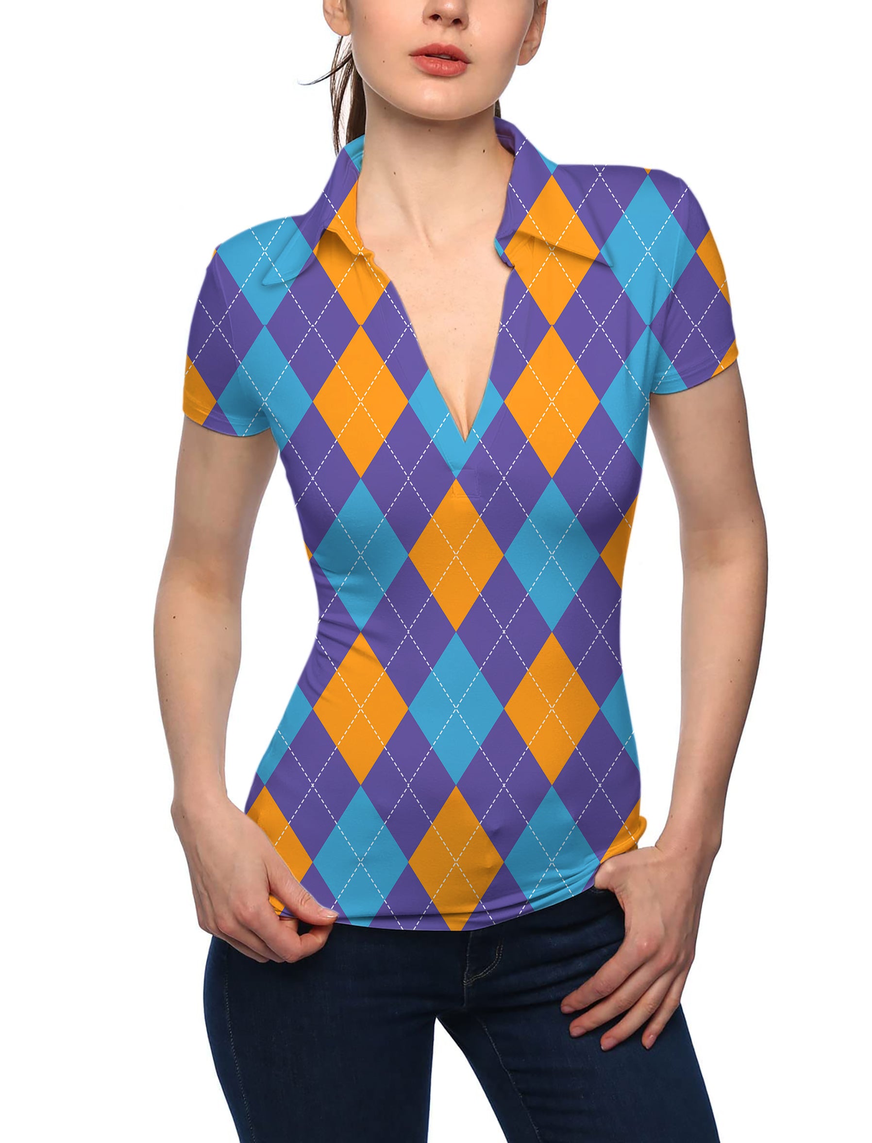 Women's Purple orange blue Argyle V Neck Golf Polo