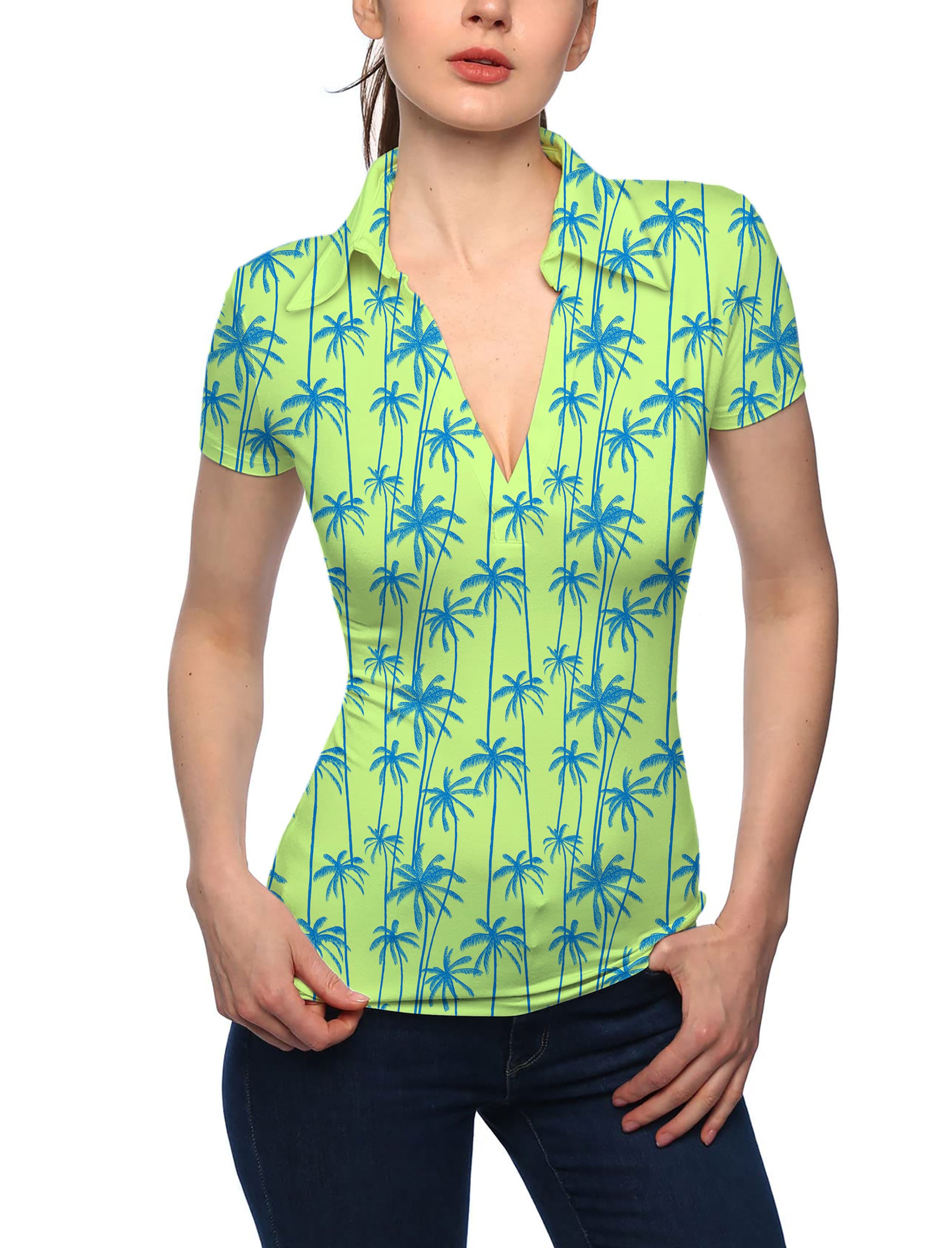 Women's Green And Blue Coconut Trees V Neck Golf Polo