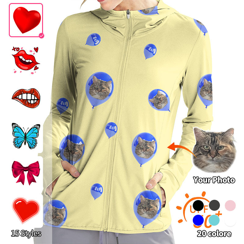 Valentine's Day Women's Outdoor Custom Photo Face Custom Color Yellow Love Golf Sun Protection Slim Fit Zip Hoodies
