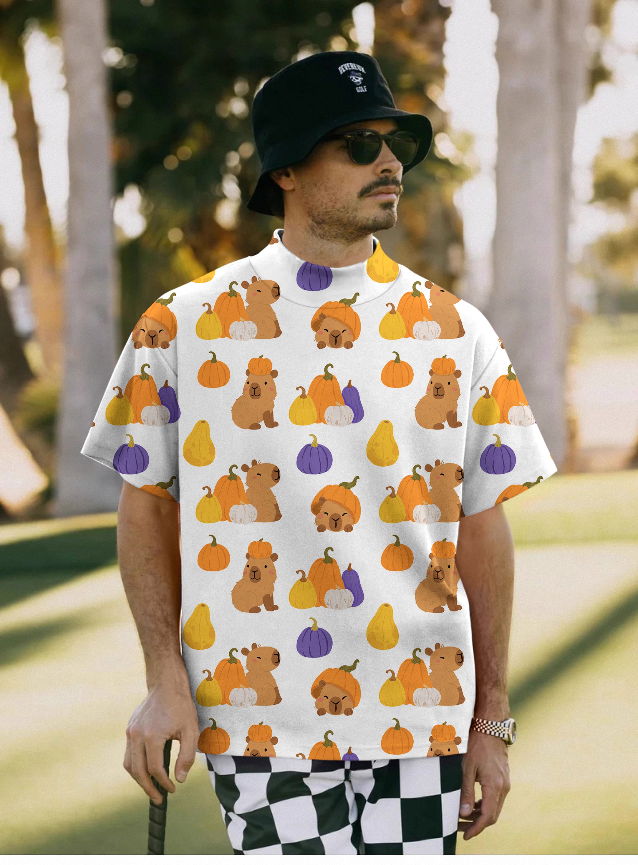 Men's Halloween Capybara Mock Neck Long/Short Sleeve Golf Tops
