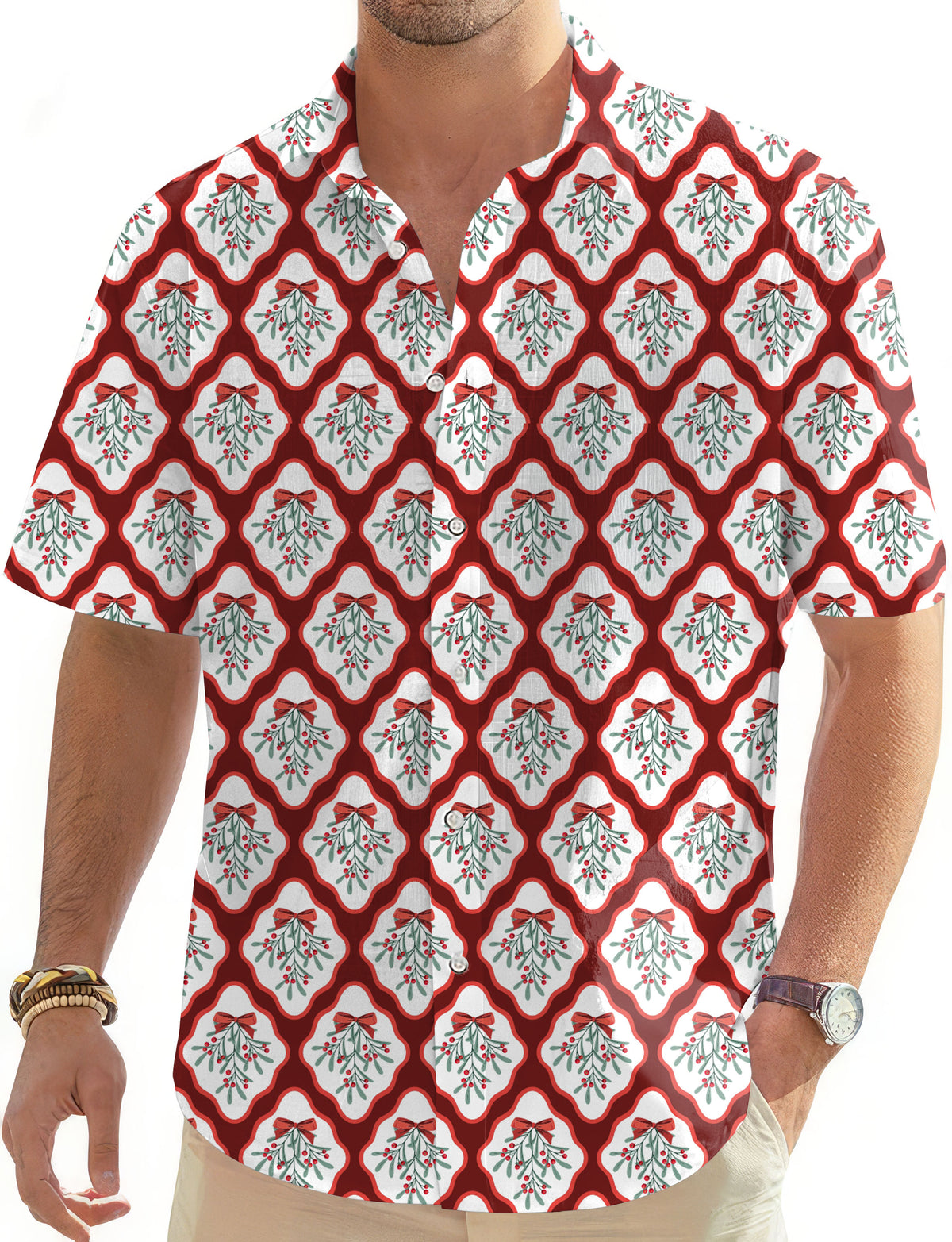 Christmas red holly Men's Golf Hawaiian Shirts Button Down Shirt