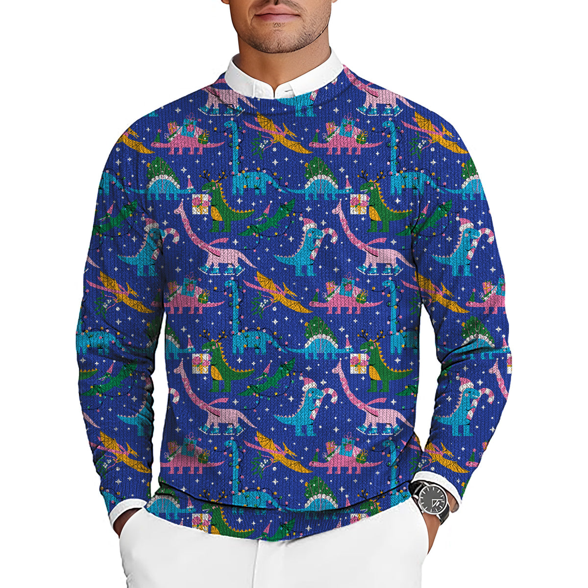 Christmas Dinosaur Men's Golf Crewneck Pullover Sweaters Ugly Sweater