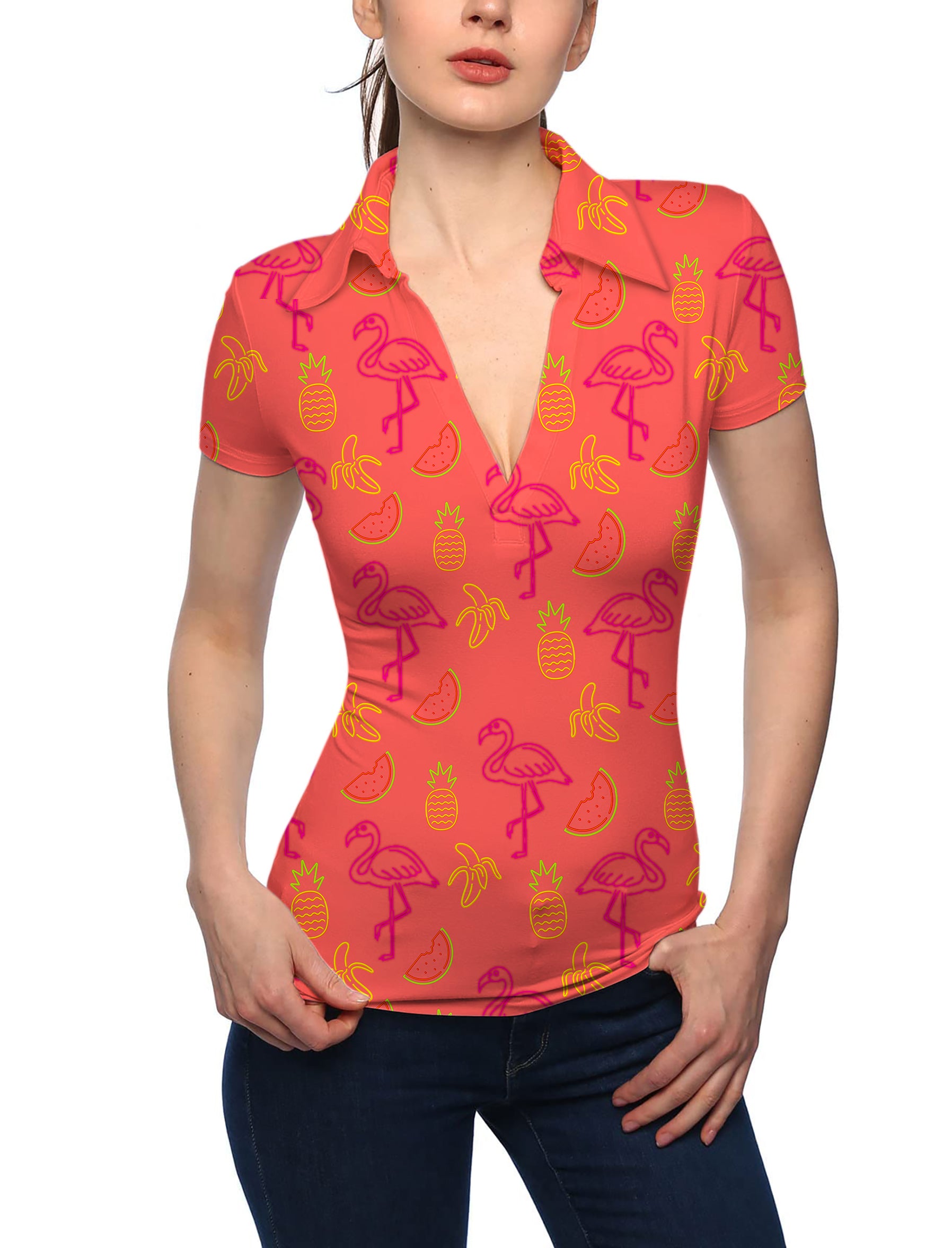 Women's Fruity Flamingo V Neck Golf Polo