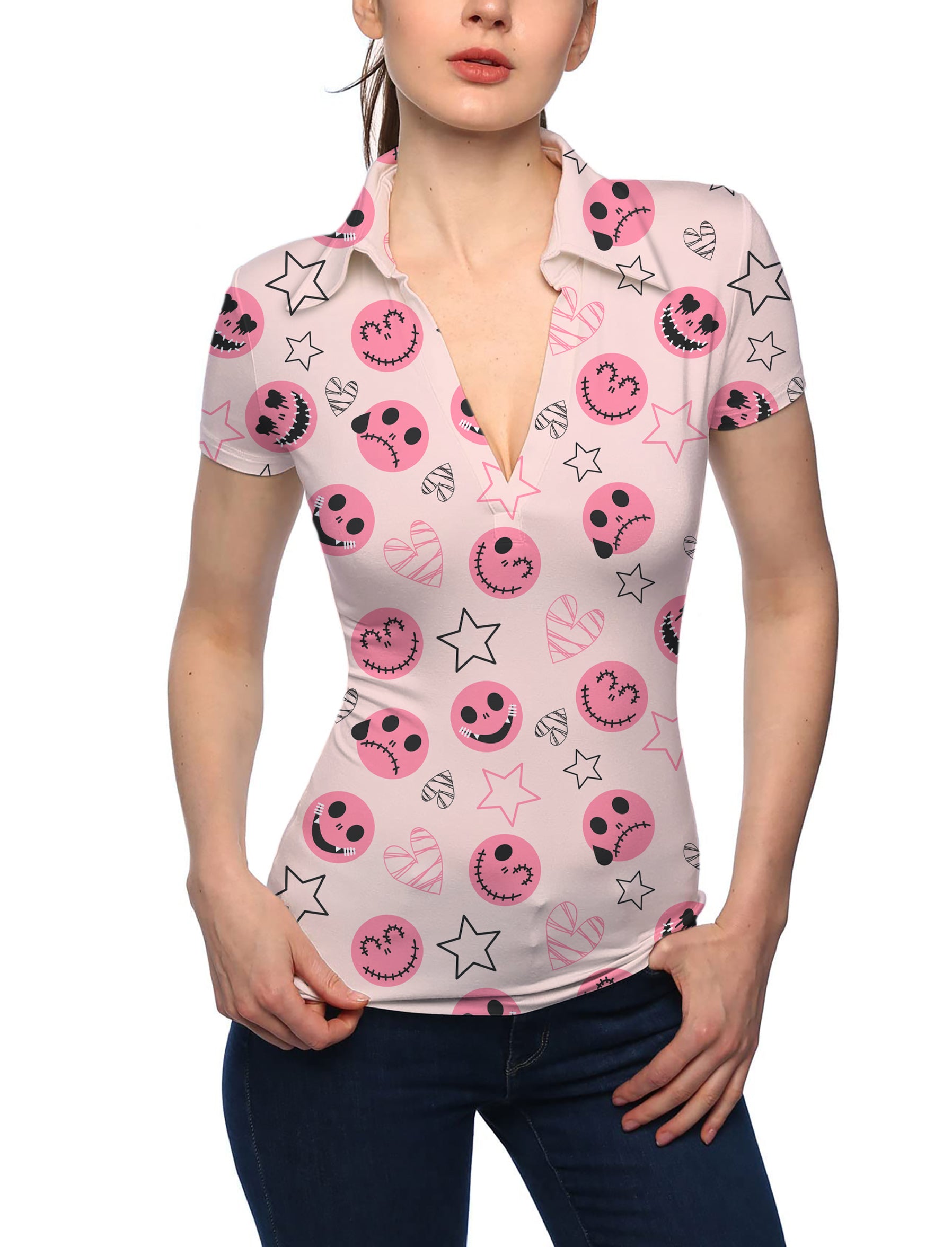 Women's Halloween pink smiley face V Neck Golf Polo