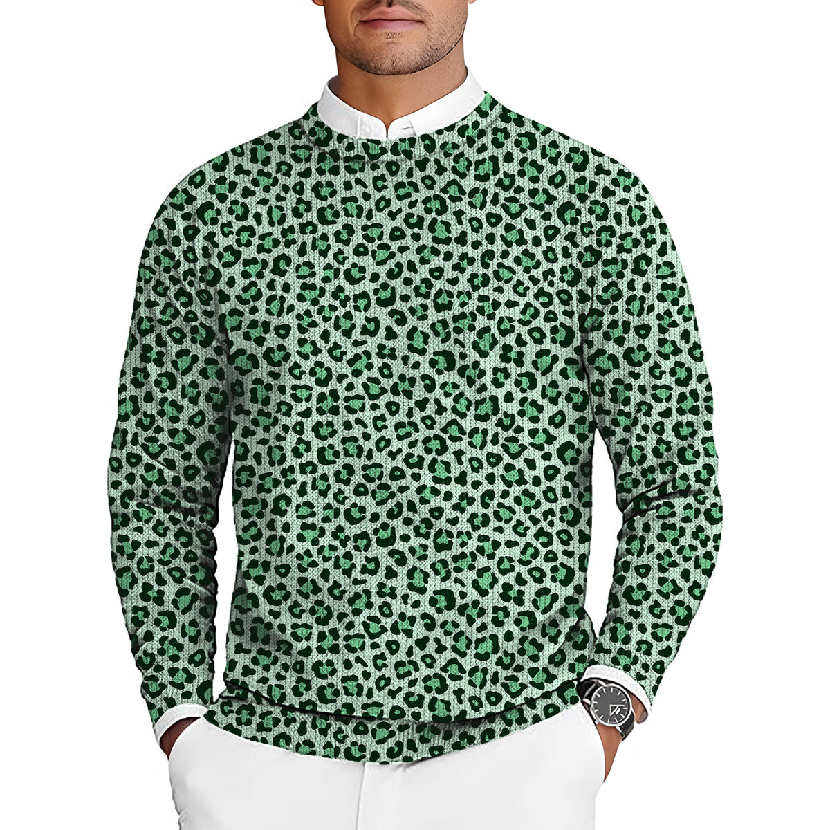 Green leopard print Men's Golf Crewneck Pullover Sweaters Ugly Sweater