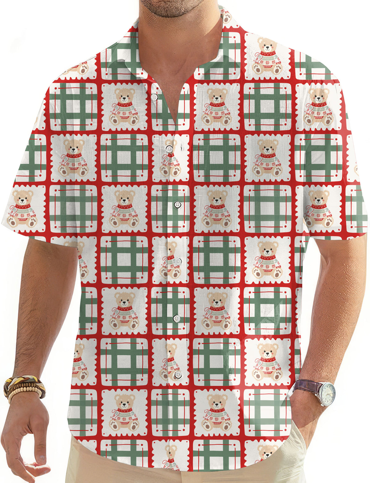 Cute Christmas Teddy Bear Men's Golf Hawaiian Shirts Button Down Shirt