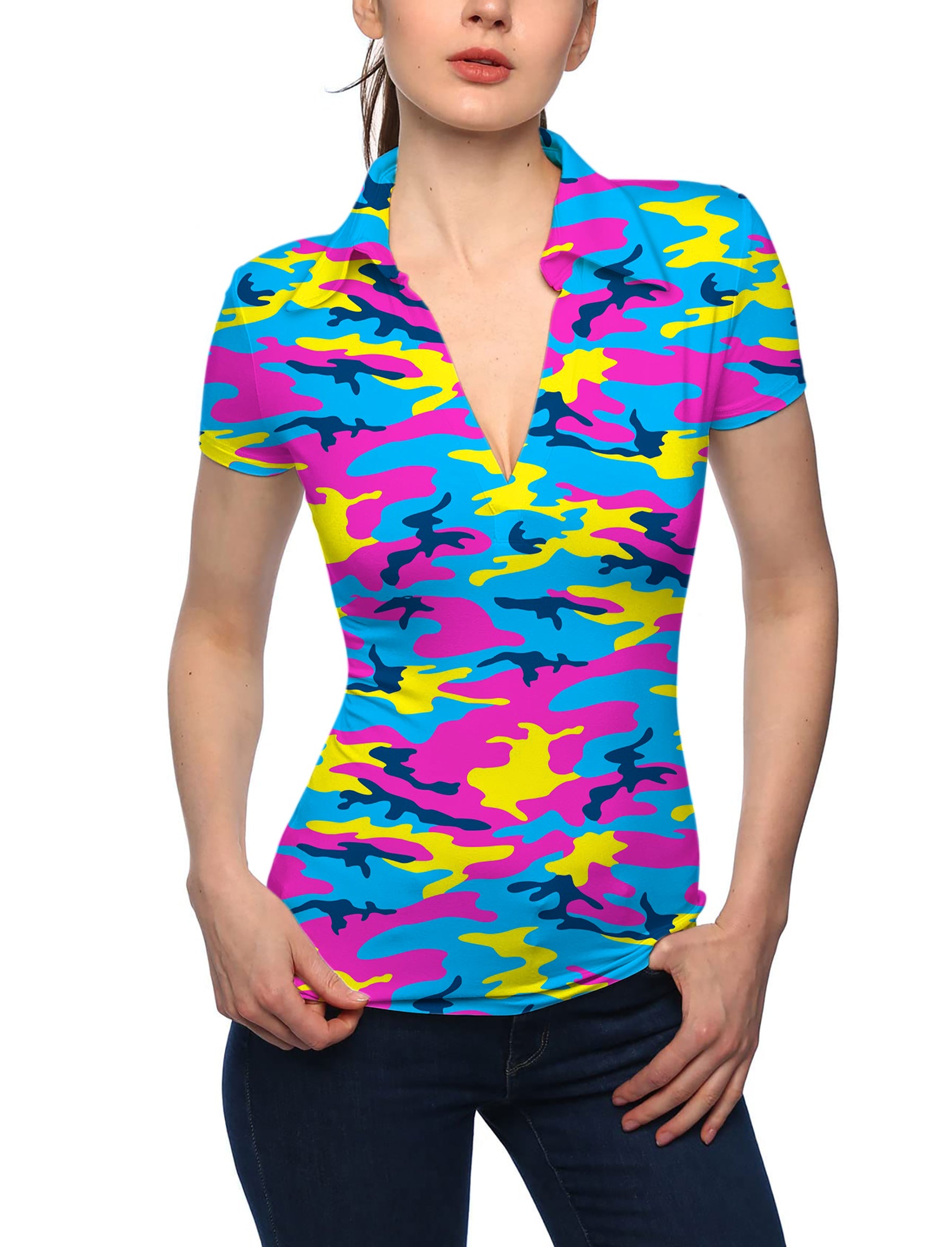 Women's Neon Camo V Neck Golf Polo