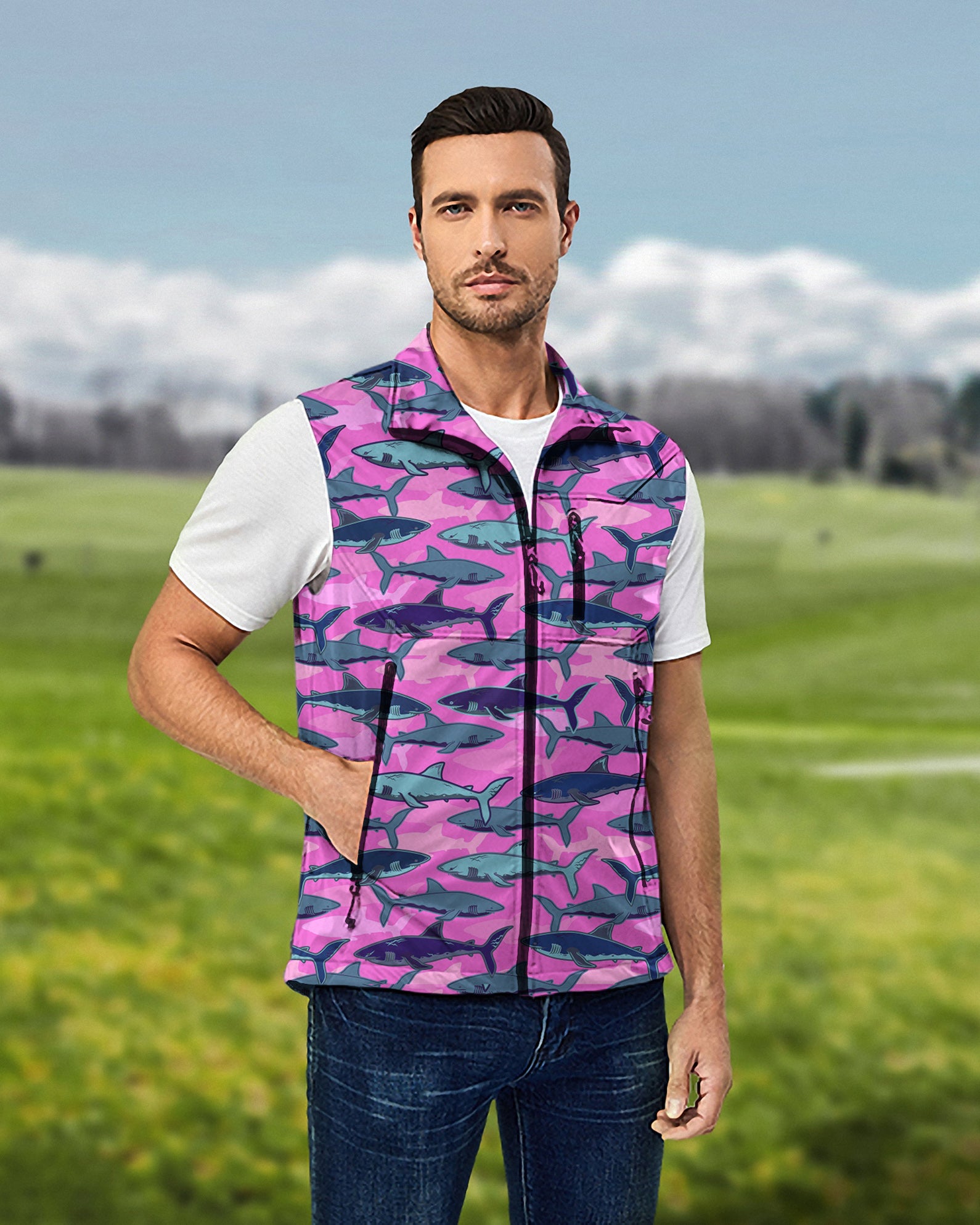 Men's Electric Sharks Pink Lightweight Softshell Vest Sleeveless Jacket for Golf Windproof Waterproof