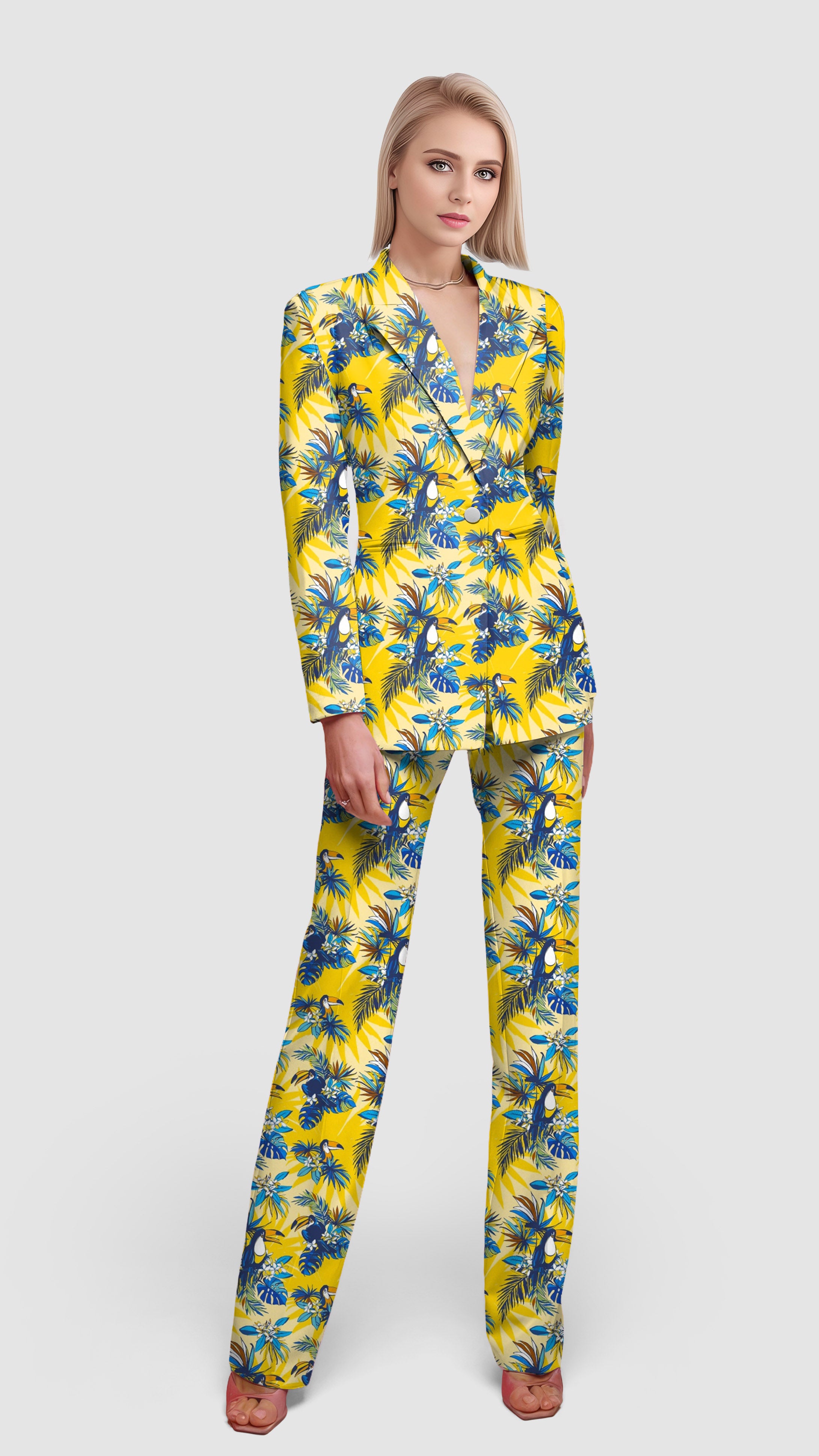 Flamingo yellow-Women's Blazer Casual Work Office Blazer Suit set