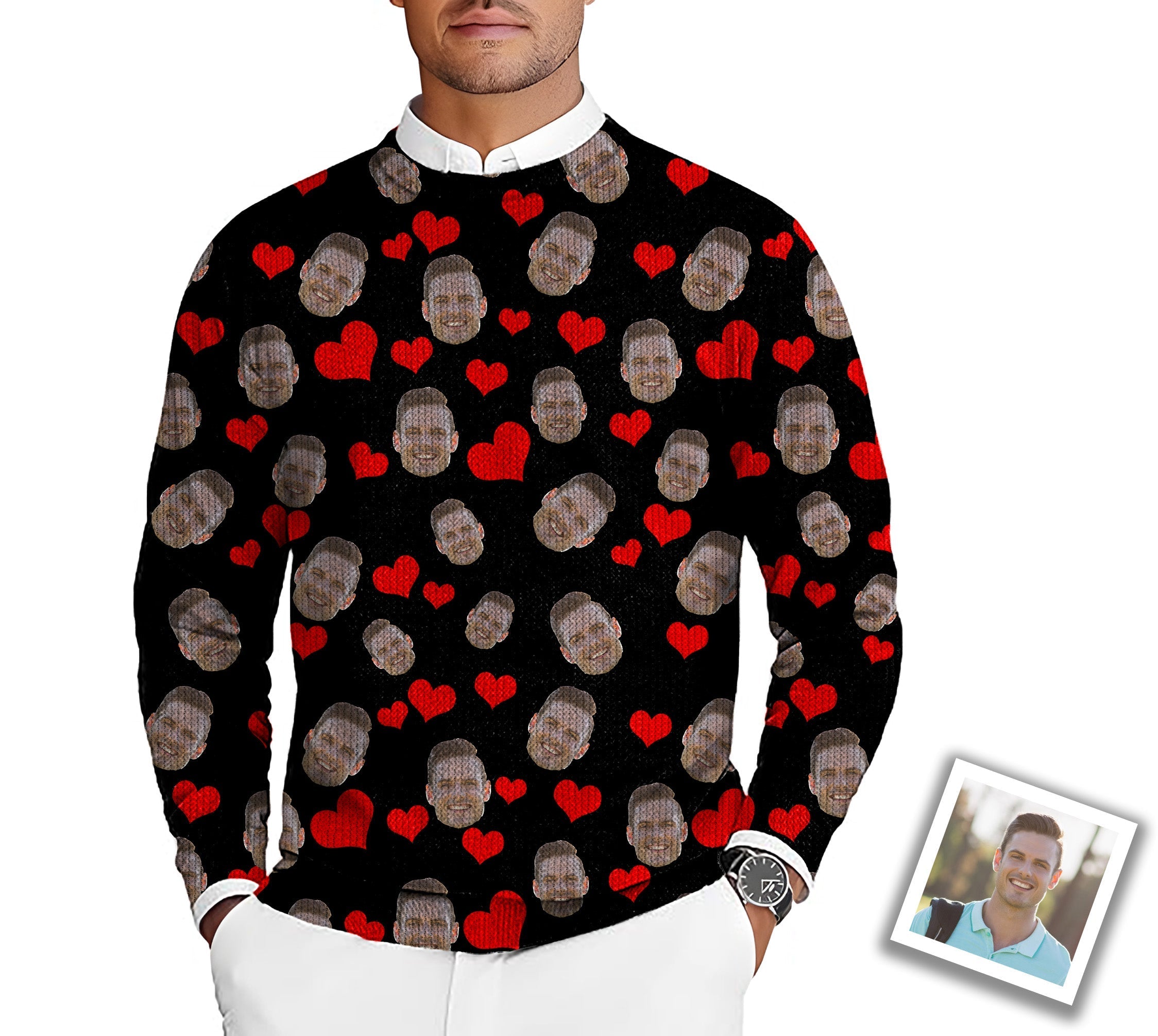 Custom red heart photo men's golf crewneck pullover sweater with funny face design