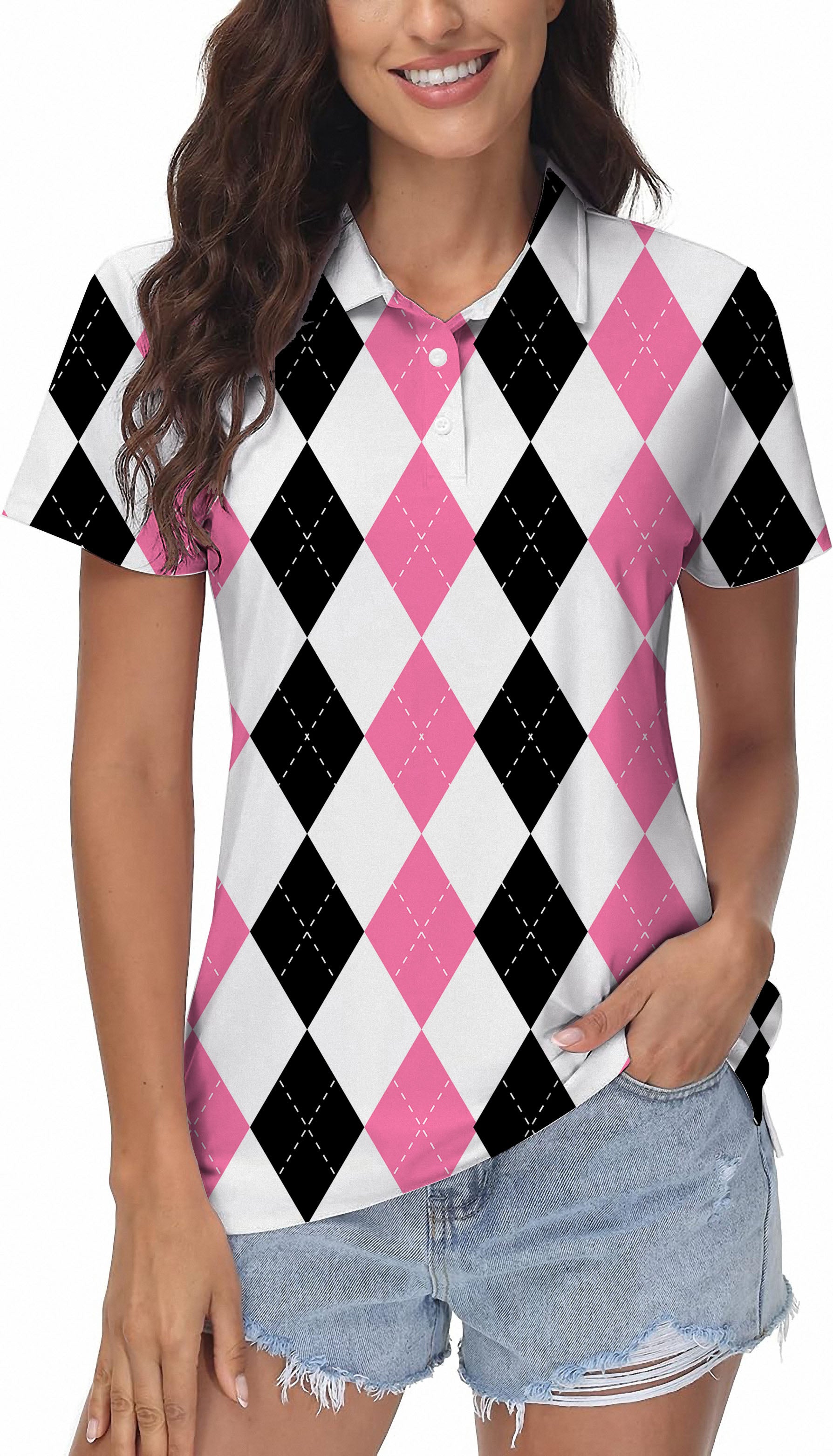 pink black argyle Women's Golf Polo