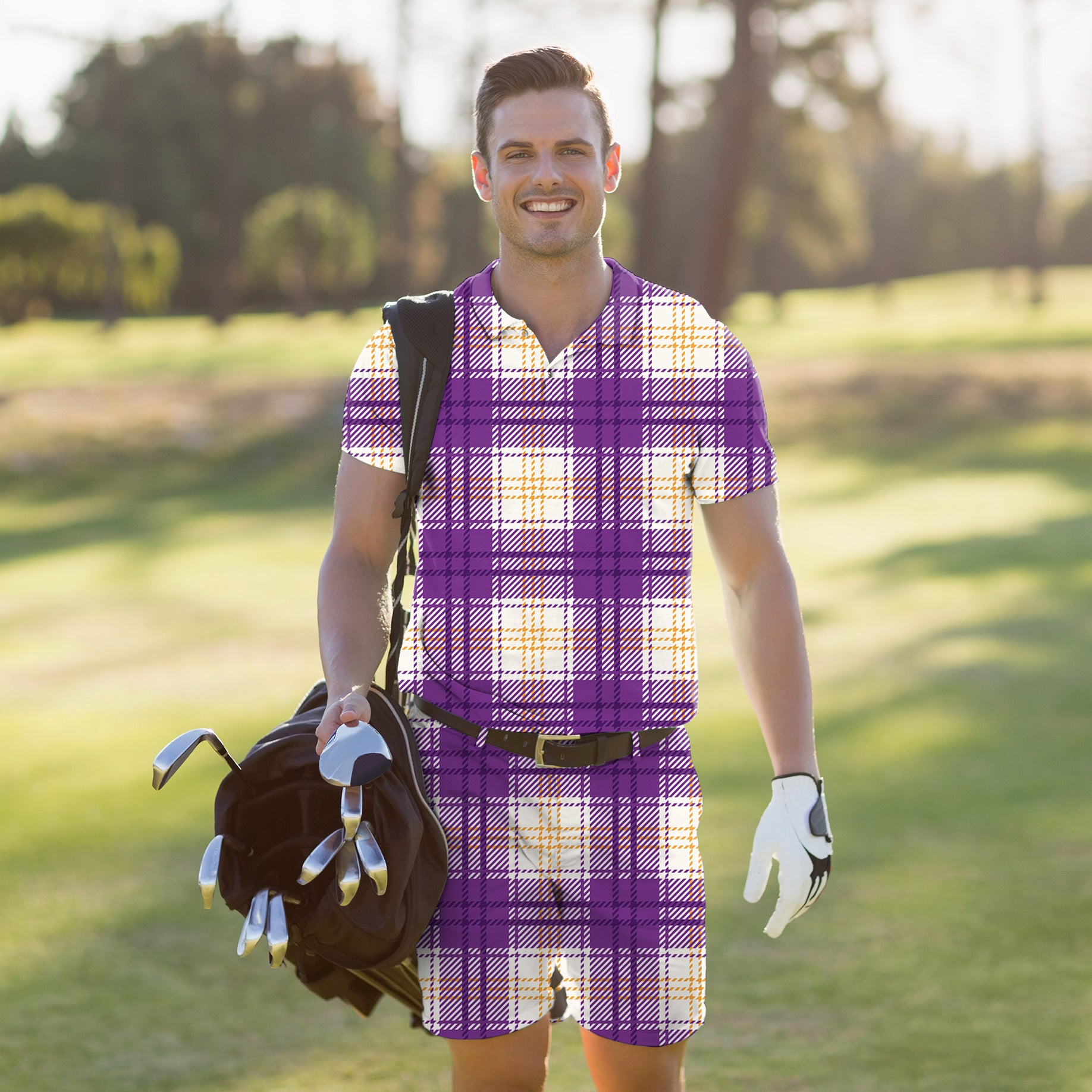 Men's Golf Set Polo+Shorts Halloween purple and yellow grid pattern
