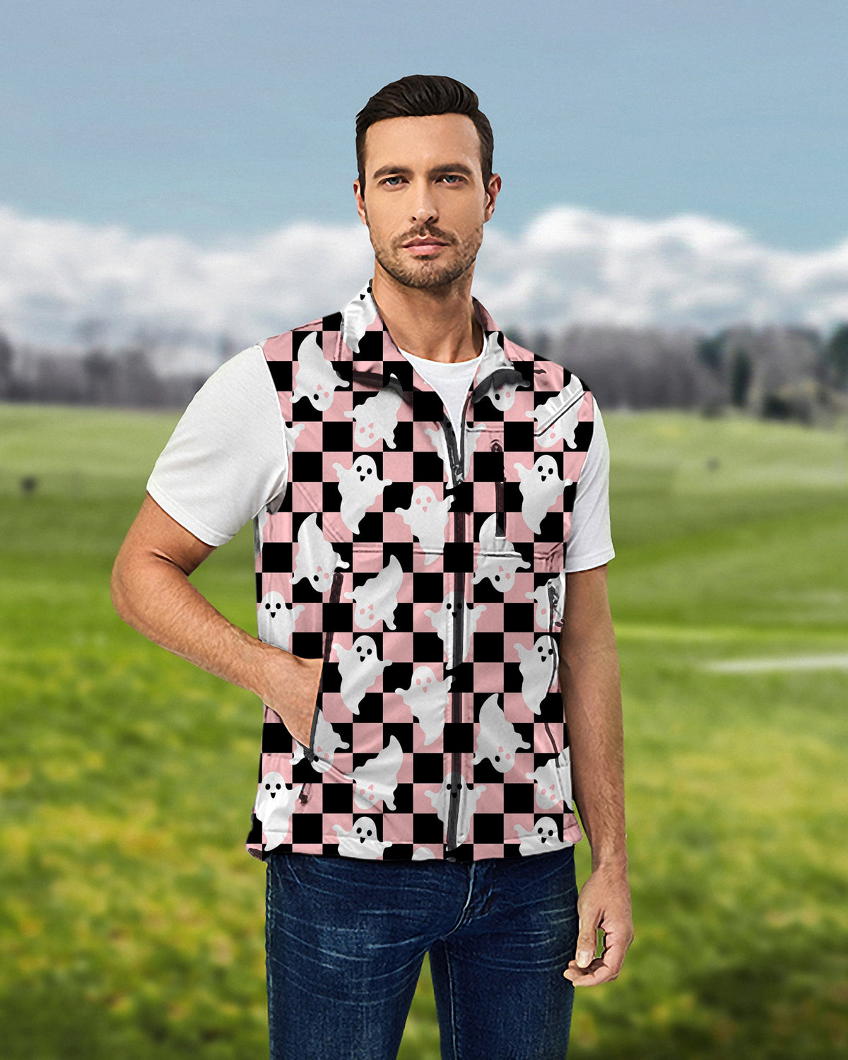 Men's Halloween Black and White Checkerboard Ghost Lightweight Softshell Vest Sleeveless Jacket for Golf Windproof Waterproof