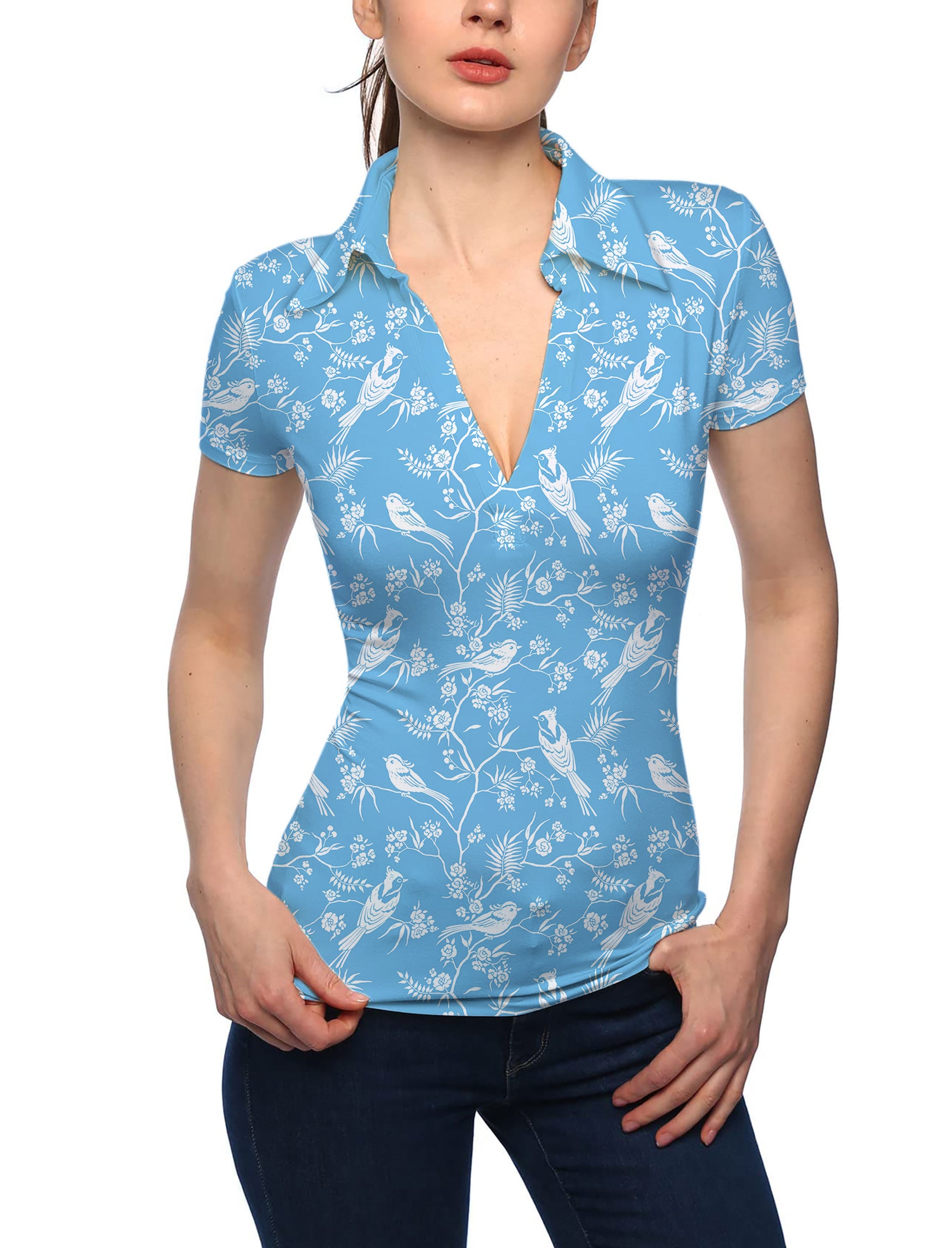 Women's Blooming Branches Trees and Birds V Neck Golf Polo