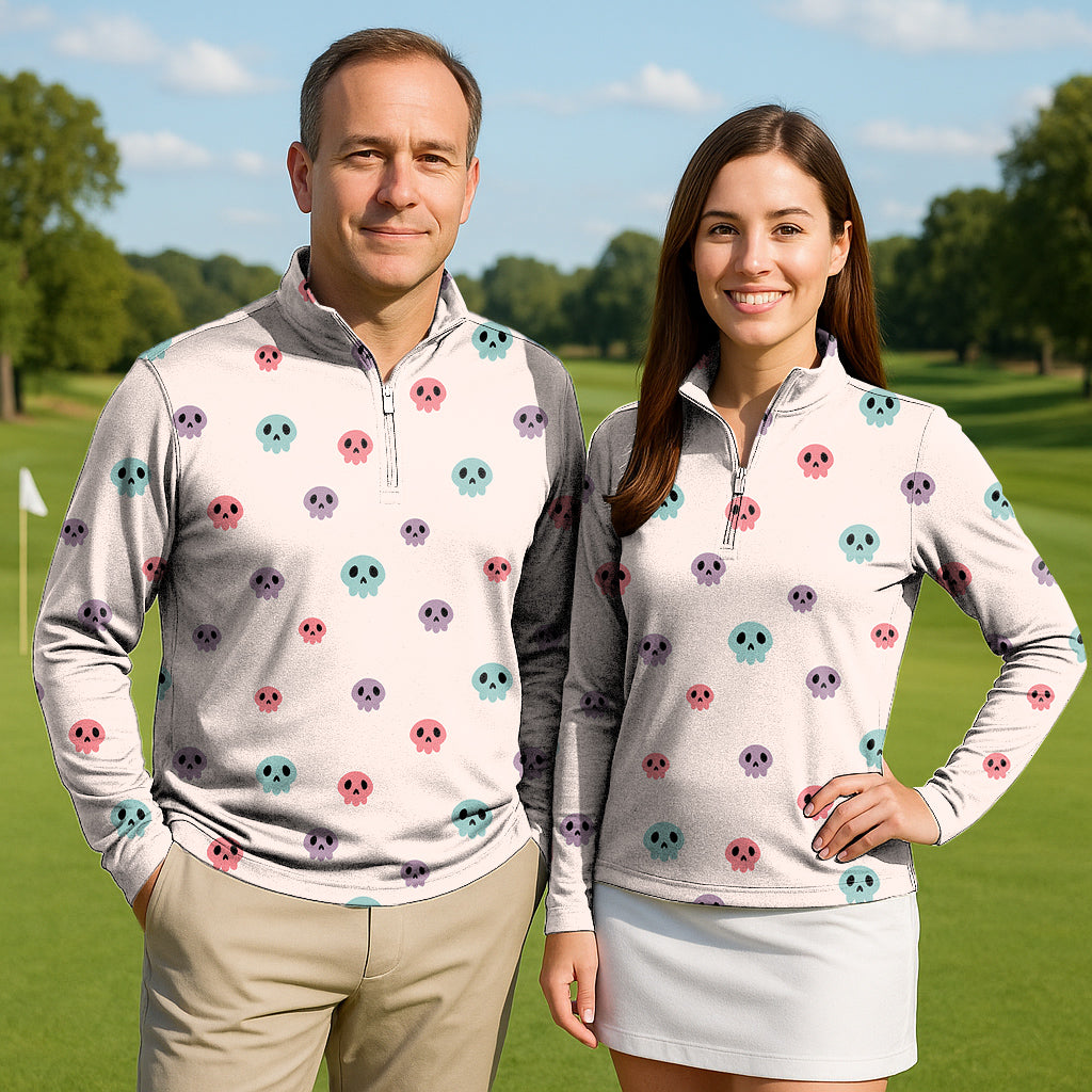 Colorful Halloween Skull Couple Golf Active 3/4 Zipper Top Long Sleeves