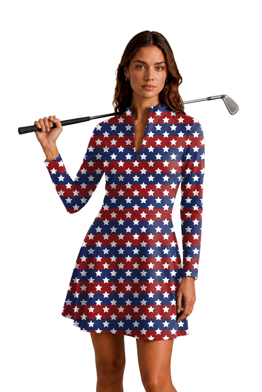 US Flag Stars Women's Golf Long Sleeve Zipper Dresses Comes with separate matching shorts