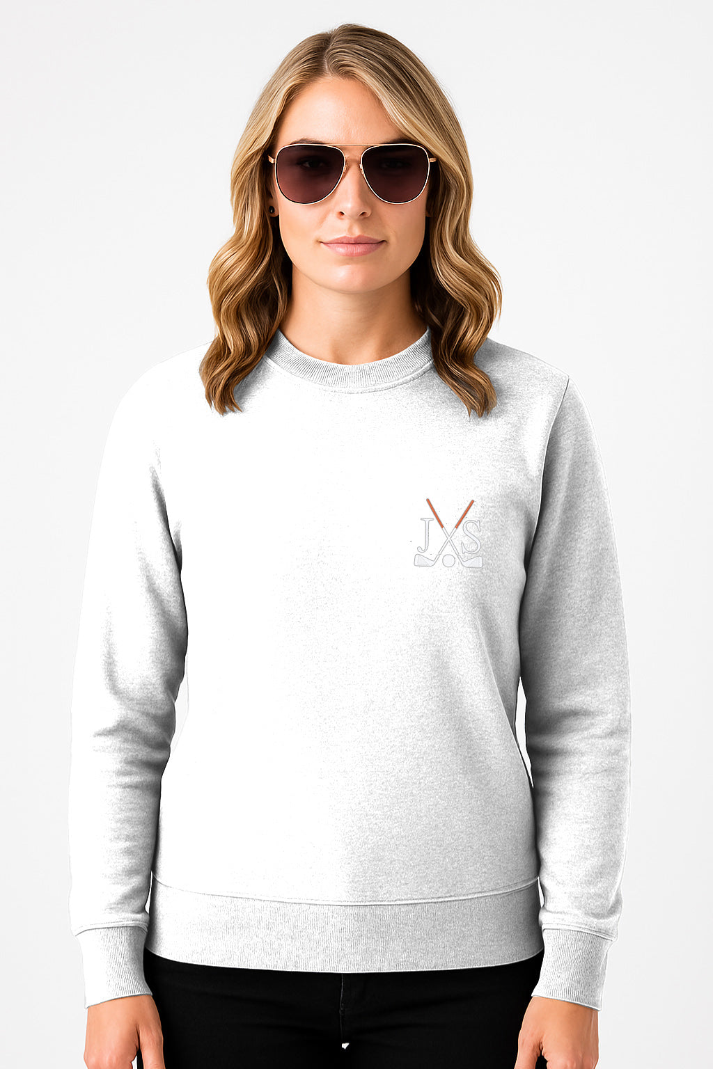 Plus size white crew neck sweatshirt with embroidered golf clubs and initials, solid color embroidery design