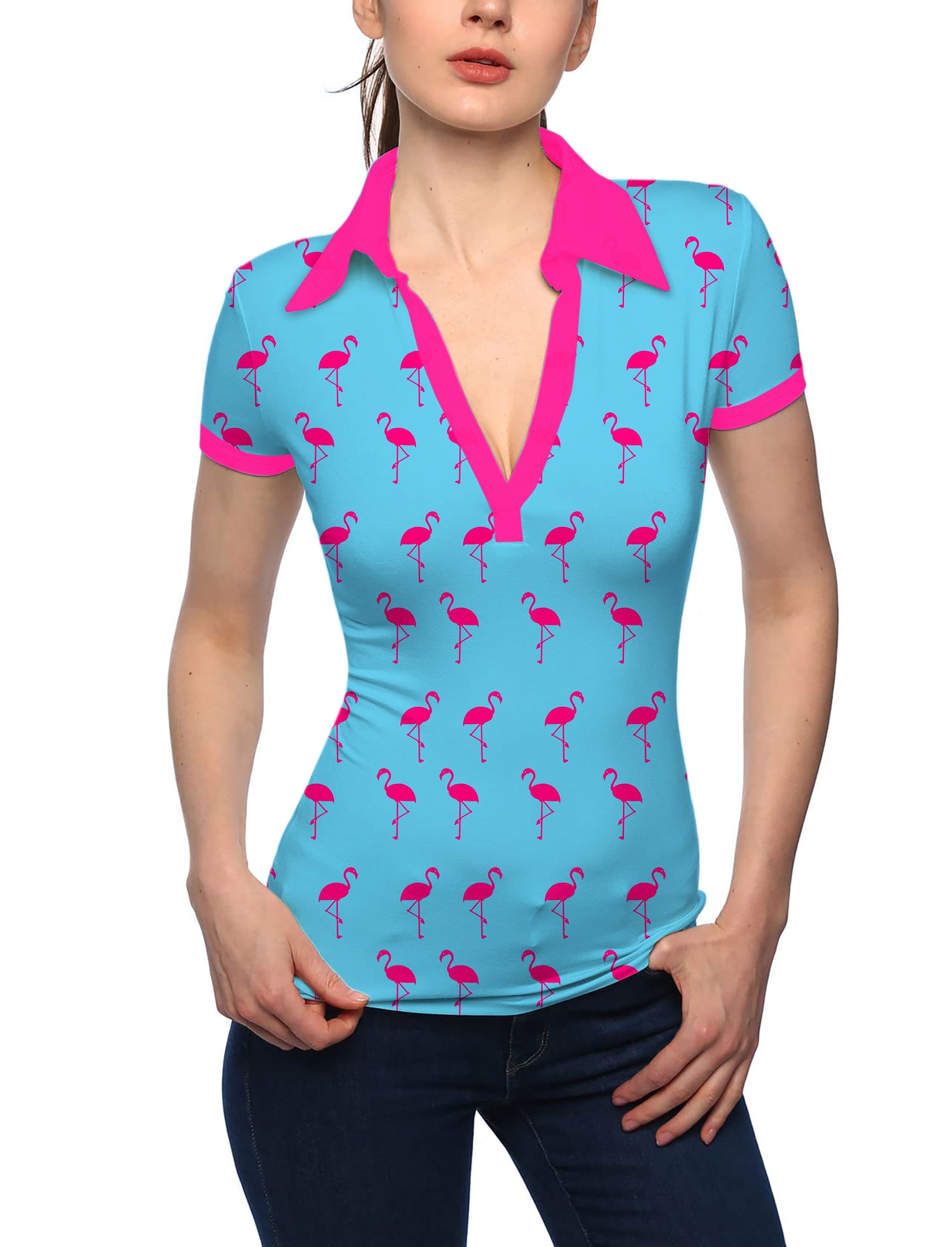 Women's flamingo V Neck Golf Polo