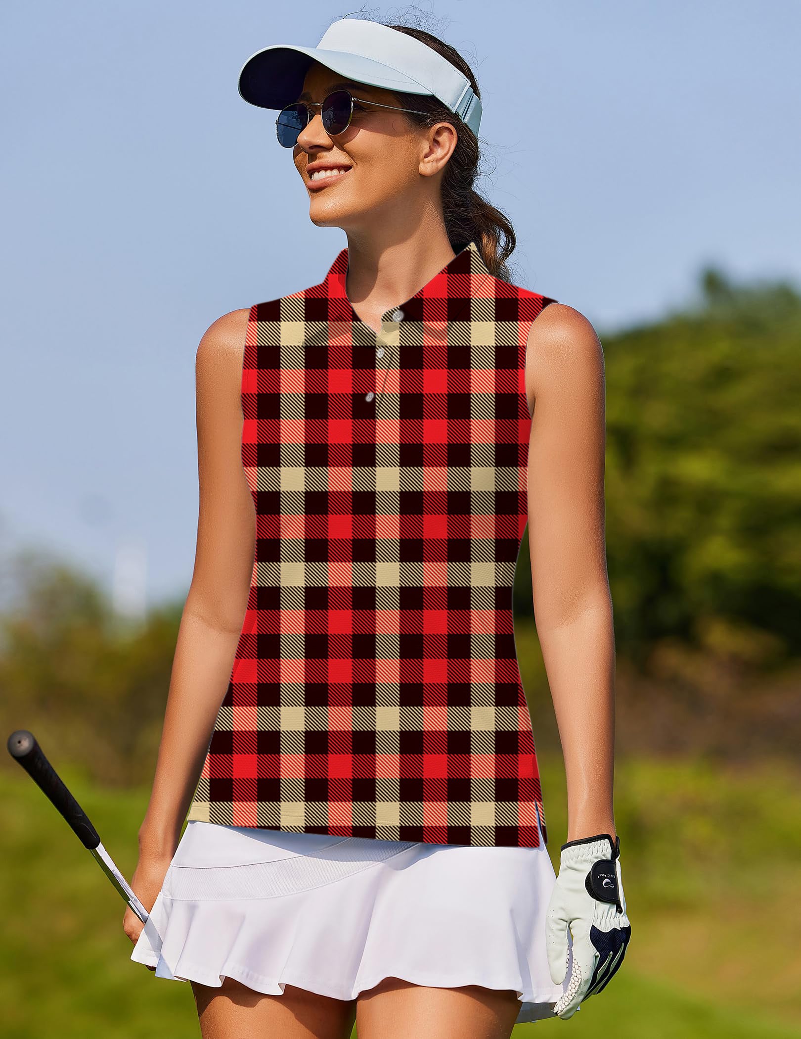 Red grid Women's golf Sleeveless shirt