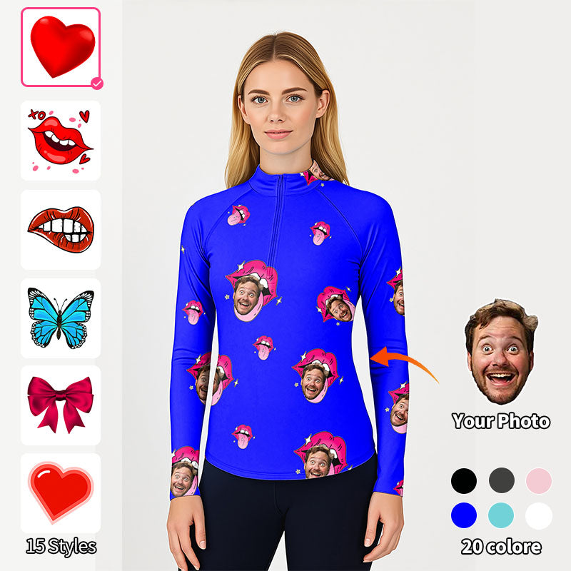 Valentine's Day custom photo women's royal blue 3/4 zip active golf top with long sleeves