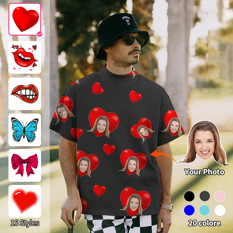 Valentine's Day Men's Custom Photo Face Custom Color Black Love Mock Neck Long/Short Sleeve Golf Tops