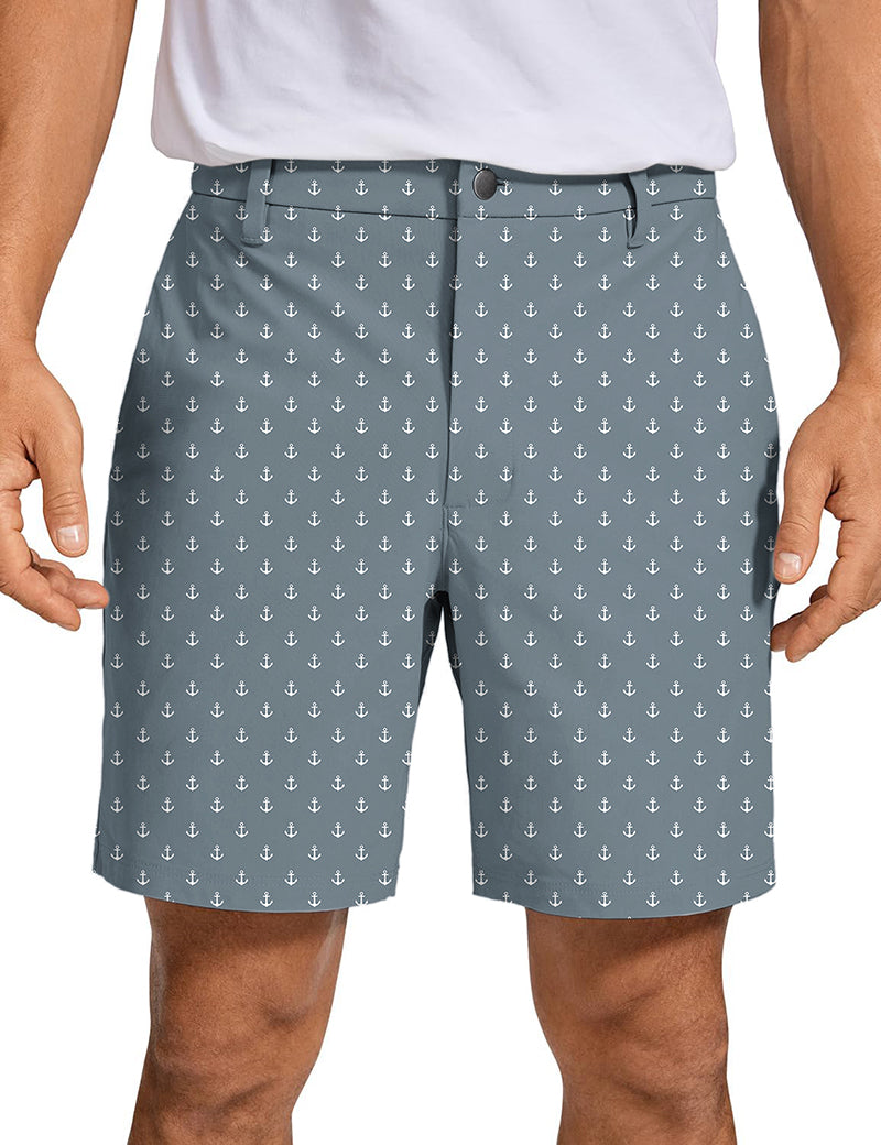 Men's gray anchor golf shorts with personalized pattern, quick-dry, lightweight, and wrinkle-free design.
