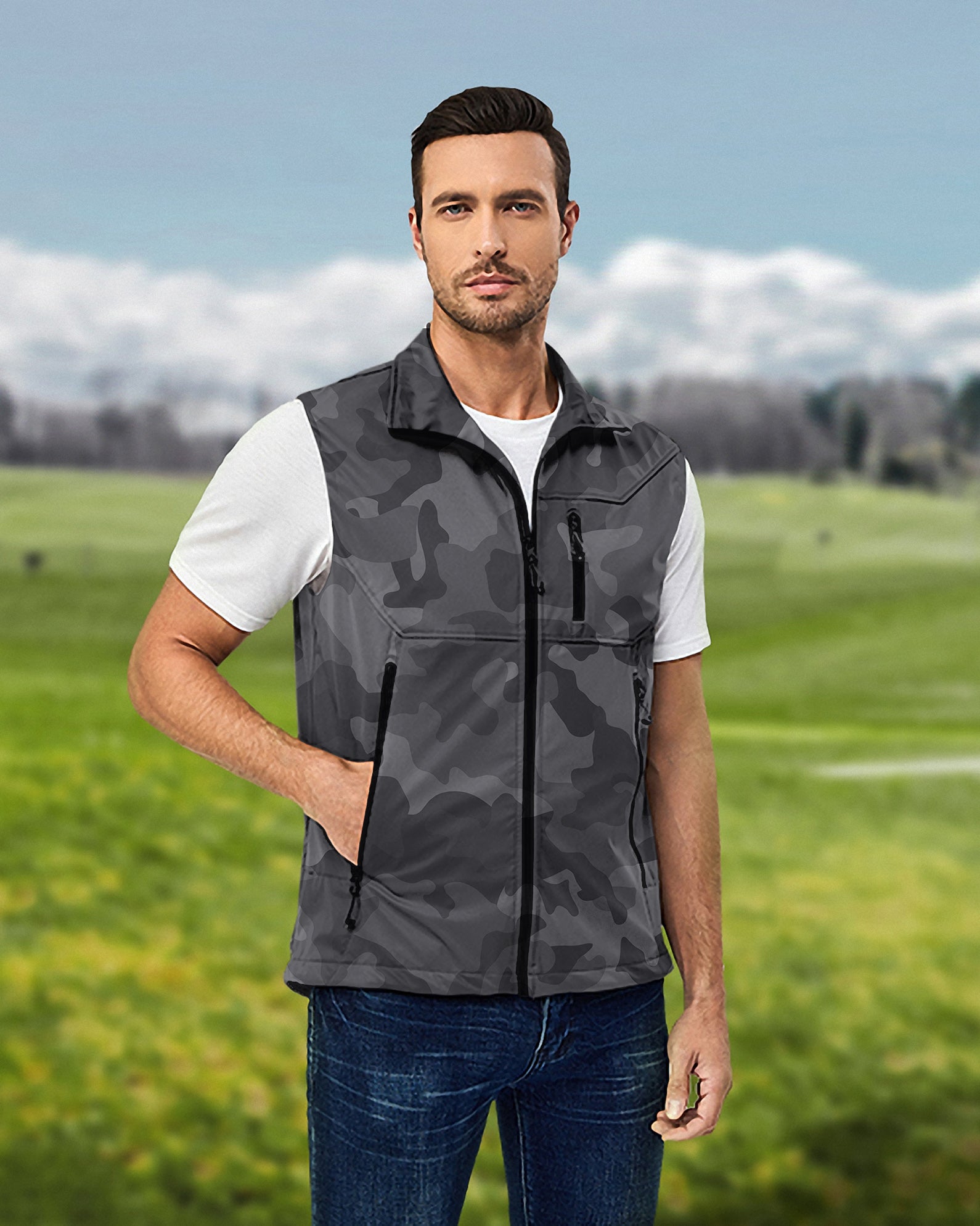 Men's Ghost Camo Lightweight Softshell Vest Sleeveless Jacket for Golf Windproof Waterproof