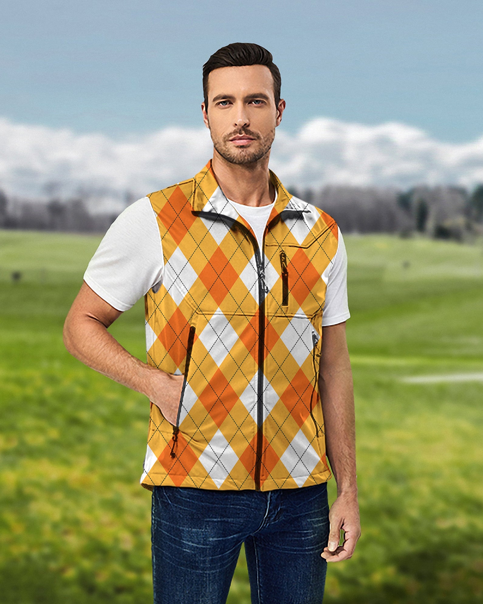 Men's Halloween Cross Orange White Argyle Lightweight Softshell Vest Sleeveless Jacket for Golf Windproof Waterproof