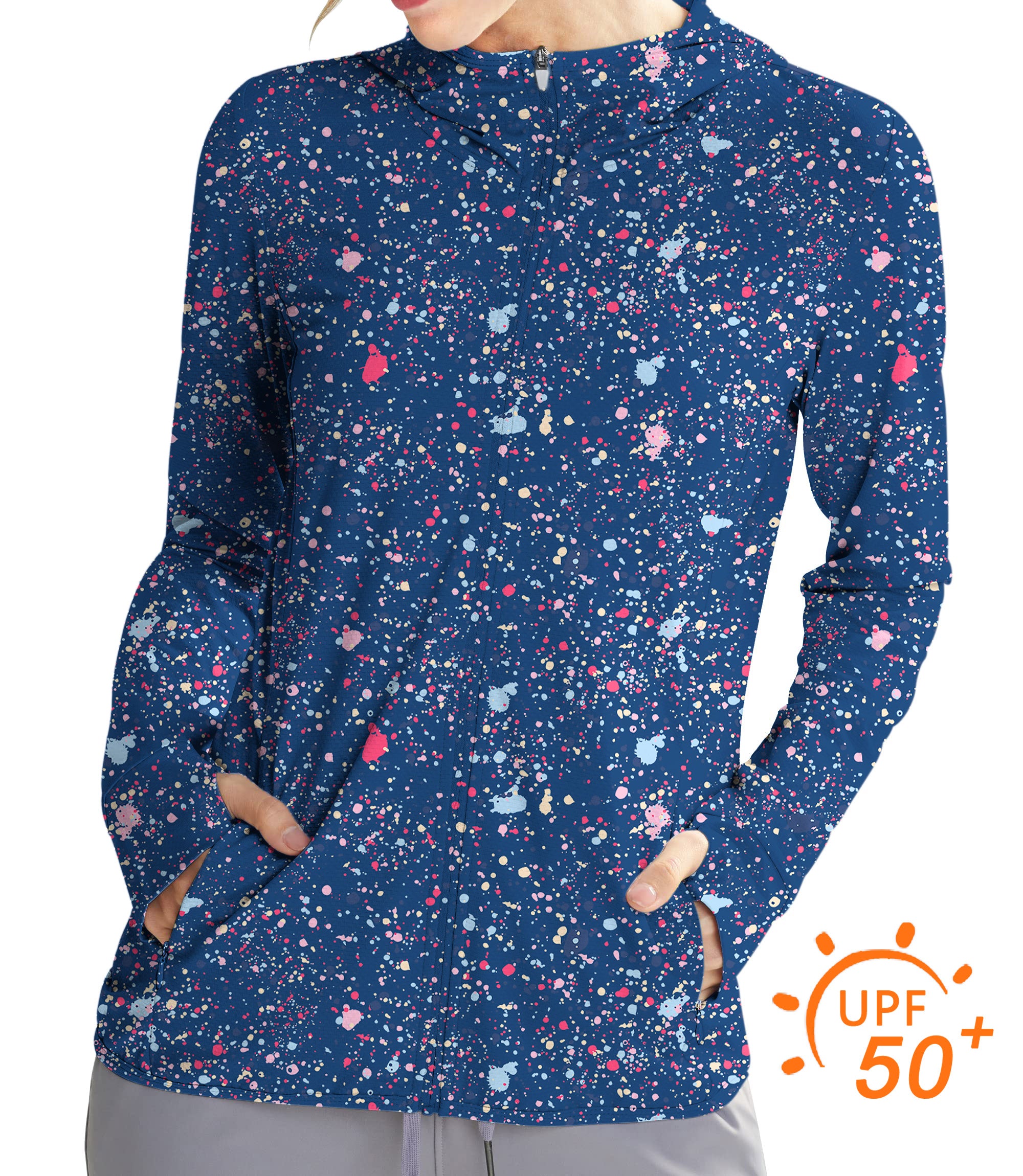 Women's Outdoor Navy Blue Ink Dots Golf Sun Protection Slim Fit zip hoodies