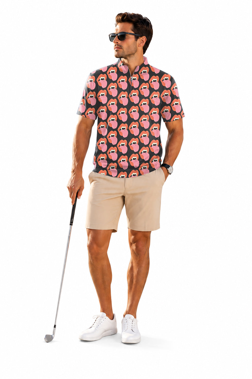 Men's Short Sleeve Quarter Zip Golf Pullover Halloween Vampire Mouth
