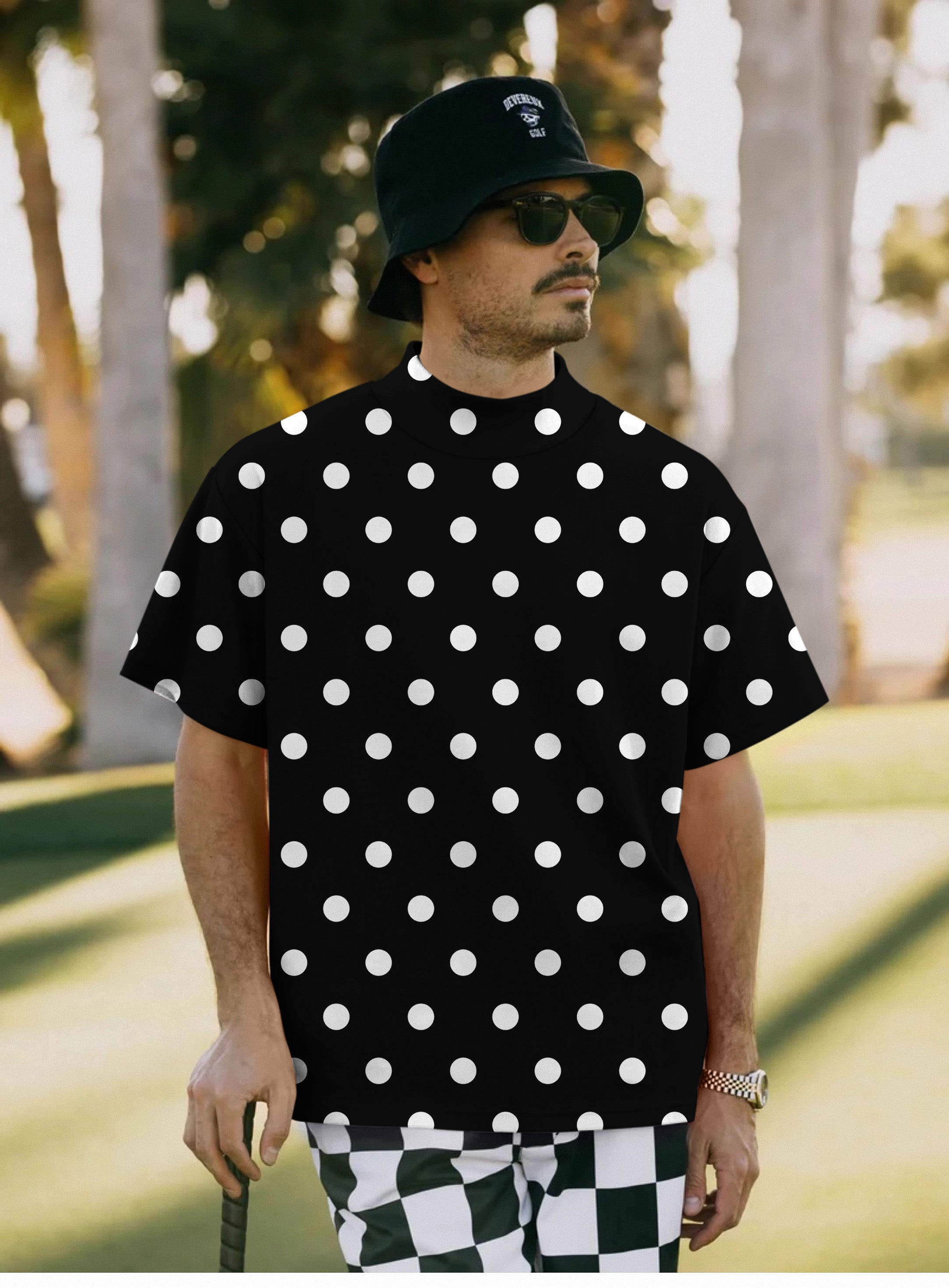 Men's Pink Polka Dots Mock Neck Long/Short Sleeve Golf Tops
